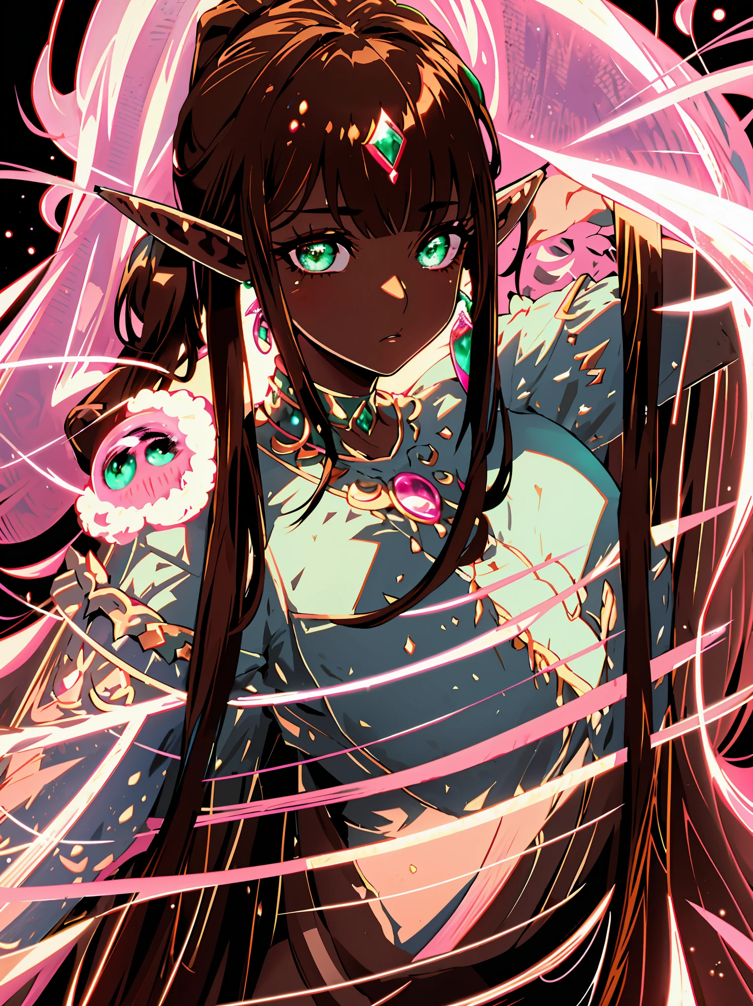 {{{{masterpiece}}}}, {{{Super detailed}}}, {{{high resolution}}}, {{good anatomy}}, (((best quality))),((emerald eyes,brown hair)),{{Extremely detailed and refined}}, {4k CG wallpaper}, {{illustration}}, ((dark skin,african lady,dark brown skin)),((bust shot,bigger eyeballs)),(high ponytail|Detailed hair|blunt bangs|shiny hair),(((elf))),{pink pajama,long sleeves},,{{{emotionless,milf,mature face}}},(lesbian,mystery,intoxicated,1 woman:1),small breasts,(Color difference:1.2),(simple background),(arms down)