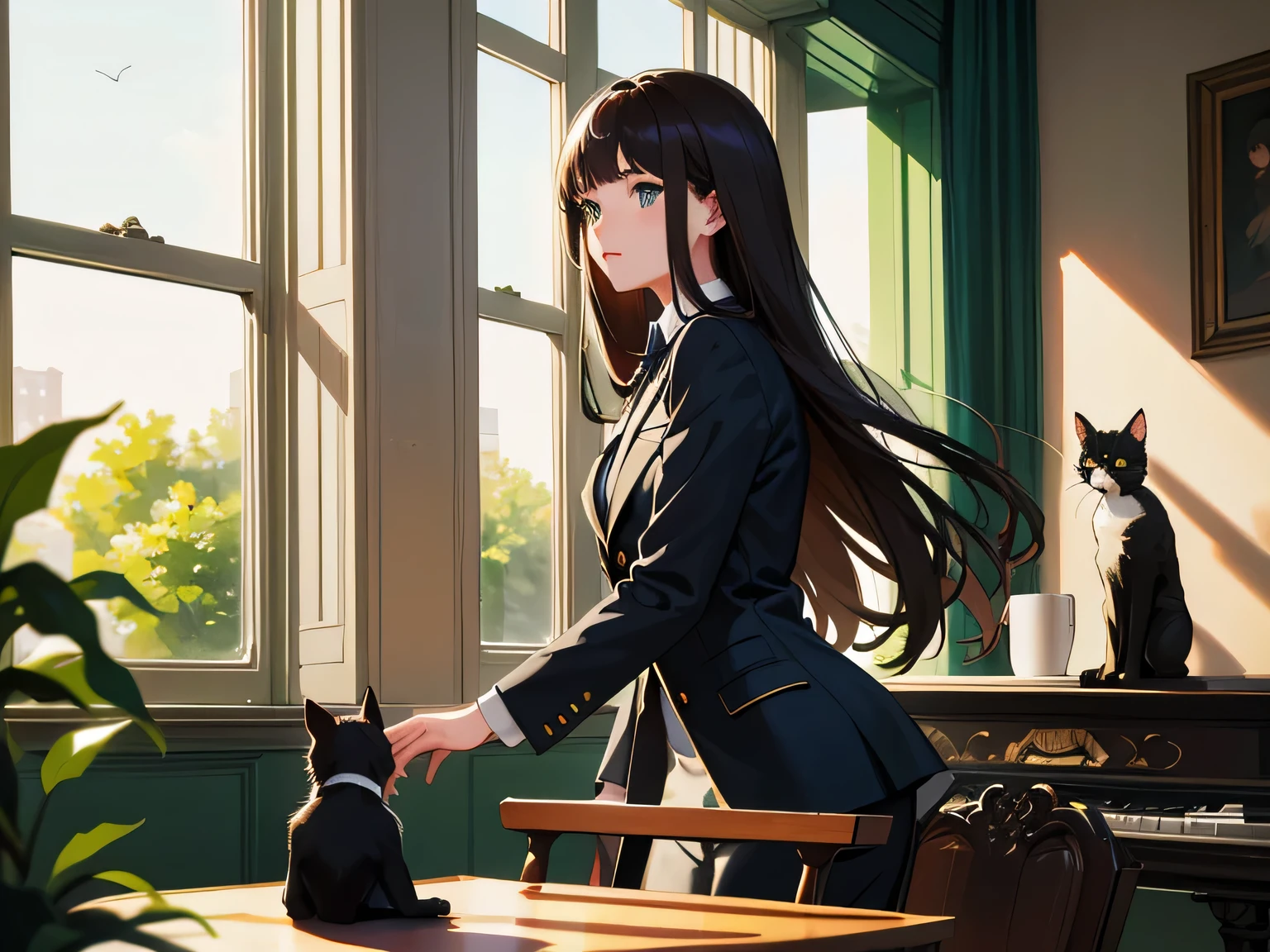 A beautiful girl with long brunette hair and a blazer uniform, Black cat, Cafe, coffee, Calm and gentle tempo, piano, gentle sunlight, Talk to cats, Fresh green tree through an open window々I can see the light and a quiet breeze is blowing.