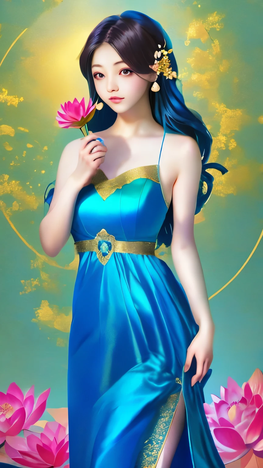 a woman in a blue dress holding a flower in her hand, standing gracefully upon a lotus, by Li Song, flower goddess, by Yu Zhiding, with lotus flowers, a beautiful artwork illustration, exquisite digital illustration, beautiful digital artwork, beautiful digital art, gilded lotus princess, by Lu Guang, beautiful gorgeous digital art