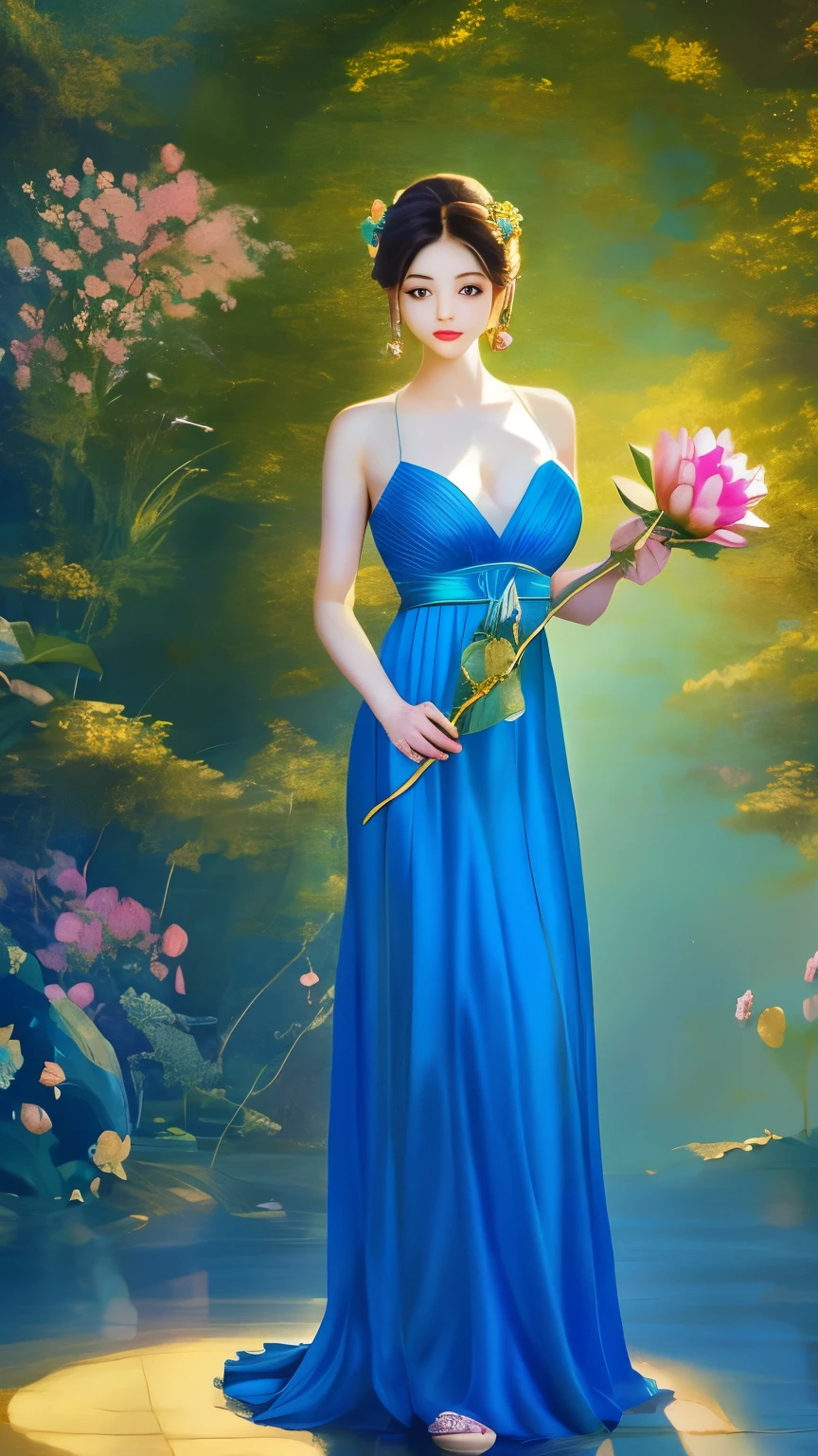 a woman in a blue dress holding a flower in her hand, standing gracefully upon a lotus, by Li Song, flower goddess, by Yu Zhiding, with lotus flowers, a beautiful artwork illustration, exquisite digital illustration, beautiful digital artwork, beautiful digital art, gilded lotus princess, by Lu Guang, beautiful gorgeous digital art