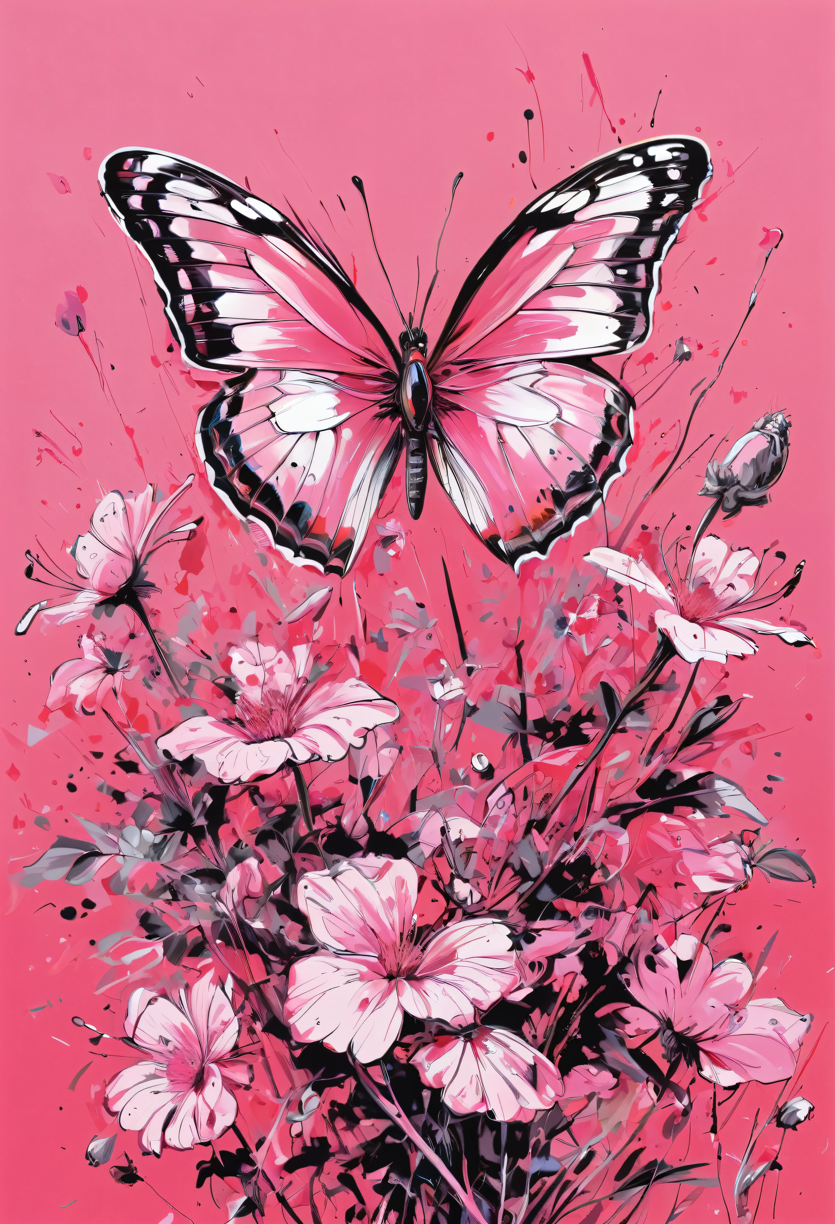Graffiti, scribble, Comics by Petra Cortright, best quality, masterpiece, butterfly artwork, Representative work, official art, Professional, Ultra intricate detailed, 8k, butterfly art, pink background