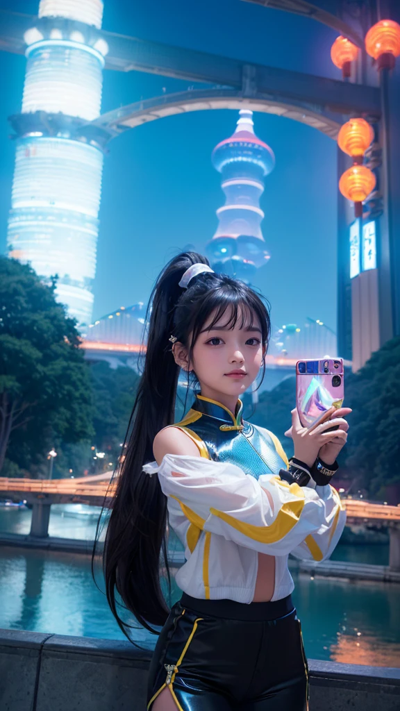 detailed futuristic park, ((bridge)),(( River)),skyscrapers,shiny metallic architecture,hovering cars,neon lights,glowing holographic displays,futuristic girl taking a selfie,bright happy smile,warm lighting,vibrant colors,cinematic atmosphere,photorealistic,8k,high resolution, (((Chinese and Japanese mix, black hair, ponytail hair, brightest smile,(( shy smile)) huge kind smile)))