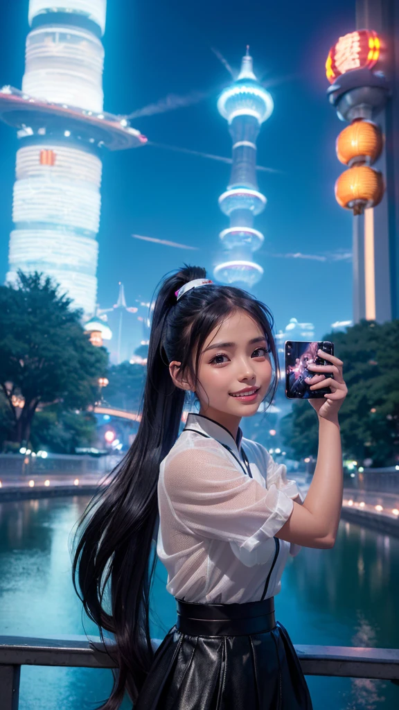 detailed futuristic park, ((bridge)),(( River)),skyscrapers,shiny metallic architecture,hovering cars,neon lights,glowing holographic displays,futuristic girl taking a selfie,bright happy smile,warm lighting,vibrant colors,cinematic atmosphere,photorealistic,8k,high resolution, (((Chinese and Japanese mix, black hair, ponytail hair, brightest smile,(( shy smile)) huge kind smile)))