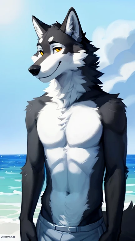 ((Danny a anthropomorphic black, grey, and white male wolf with summer clothing  )) , looking at viewer,a little to the side, fur,solo, cartoon, (highly detailed illustration:1.2), best quality, masterpiece, solo, tail, torso, , standing, social media background cover art profile picture looking really cool background picture to put as a cover artwork, extremely good background cover artwork,  phone background, with a with the background with really cool effects, really cool extremely nice background, Danny a anthropomorphic black, grey, and white male wolf, phone wallpaper background, at the viewer with a very romantic look and pose, big chest , day, , sensual, detailed, uploaded to e621, beautiful and detailed portrait of an anthropomorphic , (((male))) uploaded to e621, zaush, foxovh, movie lighting, thicc, alone, detailed, 8k res, hires, detailed eyes, good anatomy, good perspective, towards viewer, by bebebebebe, by sicklyhypnos, by gerkk, by orf, nice hands, perfect hands, happy, romantic, ray tracing lighting, rtx on, By Bebebebebe, by SpiritD, by KOBITOWANI, b est quality, masterpiece, perfect anatomy, detai led picture)), 1femboy, , sexy body, fluffy tail, shy, horny, romantic, up close, wearing not a single bit of clothing, huge thighs,, huge