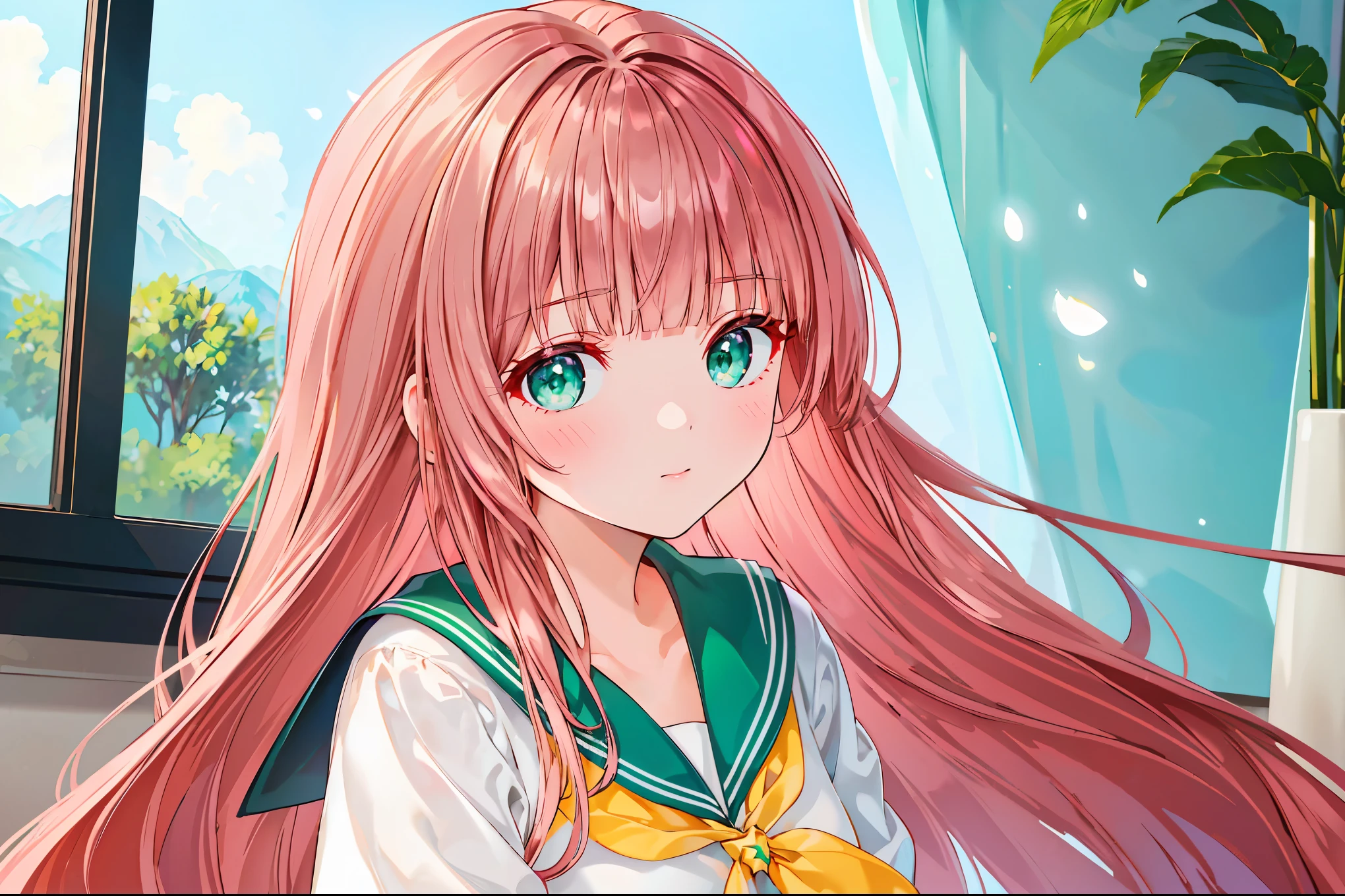 {{{{masterpiece}}}}, {{{Super detailed}}}, {{{high resolution}}}, {{good anatomy}}, (((best quality))),((emerald and green eyes,brown hair)),{{Extremely detailed and refined}}, {4k CG wallpaper}, {{illustration}}, ((pearl pink hair,JK)),((looking out a window,in school)),(((face portrait,detailed face,bigger eyeballs,standing,bust))),(long hair|Detailed hair|blunt bangs|shiny hair),(((serafuku,sailor shirt,skirts))),{{{emotionless face,mature}}},(lesbian,JK,1 woman:1),(small breasts),masterlighting,standing on the edge of mountain,((The details are complex、Shallow depth of field、movie lighting、Reflectors、a Canon EOS R5、50mm lens、f / 2.8、shot at 8k resolution))