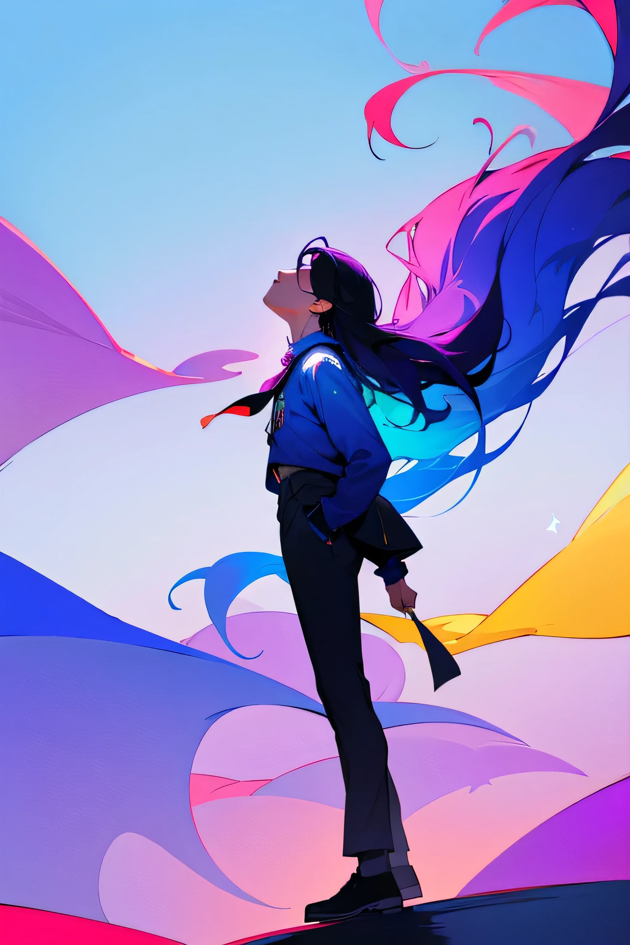 Um homem com os seus cabelo curto voando. The man is standing looking up. The colors blue and purple making a gradient