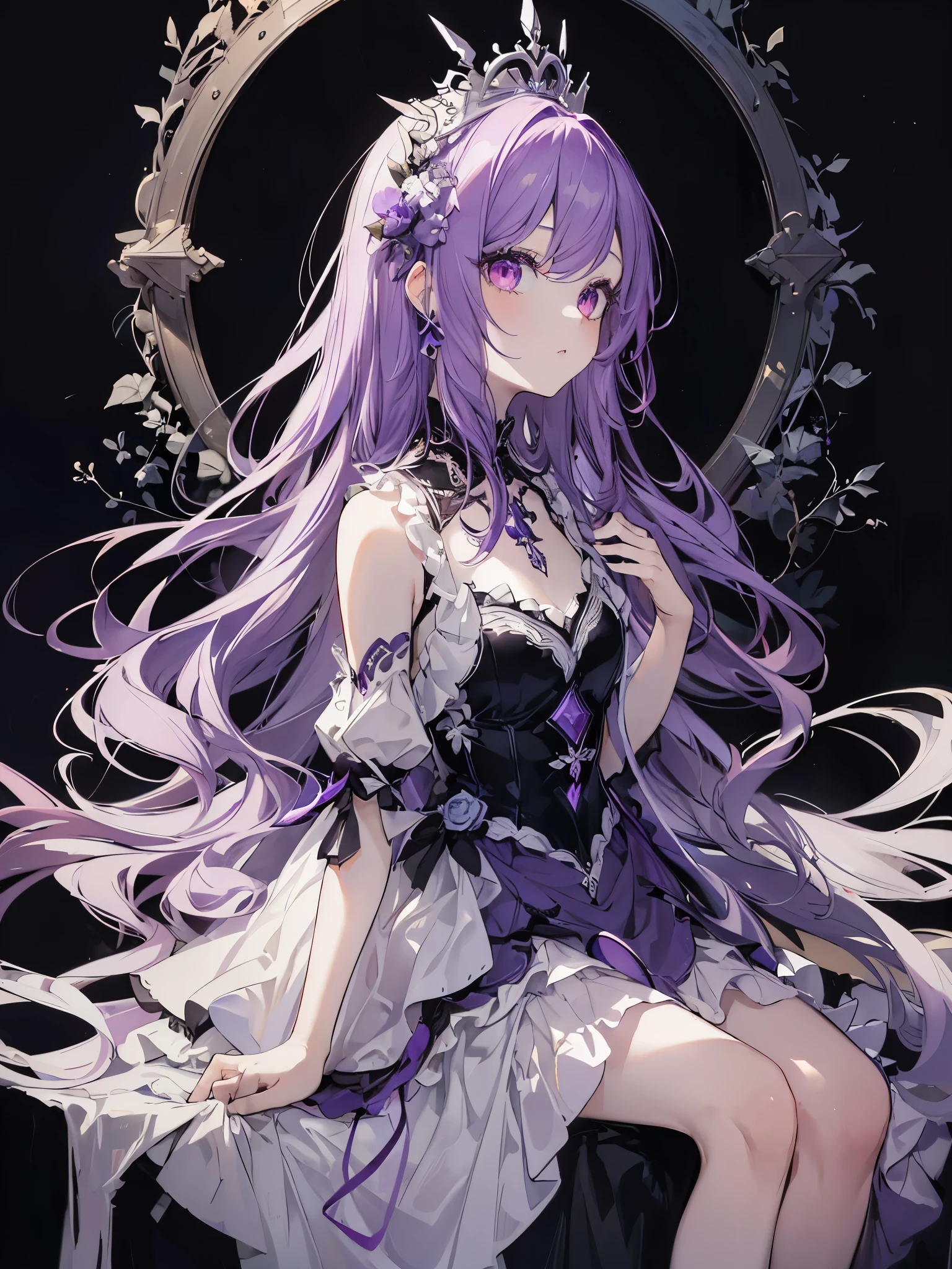 (Sketches),(eyelash:1.3),(Black background:1.2),View ViewerHigh Resolution, Cute One Girl, Beautiful and fine details, Long purple hair, Pale red eyes, Original Costume、Princess Dress, Side shot high contrast girl, Sitting, Side shot problem hold one's head
