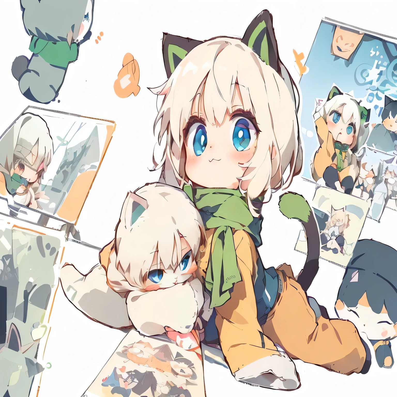 An animated character is sitting on the floor holding a cat and a cat doll., cute!! Chibi!!! cat girl, cute anime cat girl, anime cat girl, zerochan art, pixiv, at pixiv, pixiv style, top rated on pixiv, cute art style, Writer: Kamagurka, trending on artstation pixiv, anime cat, Guys