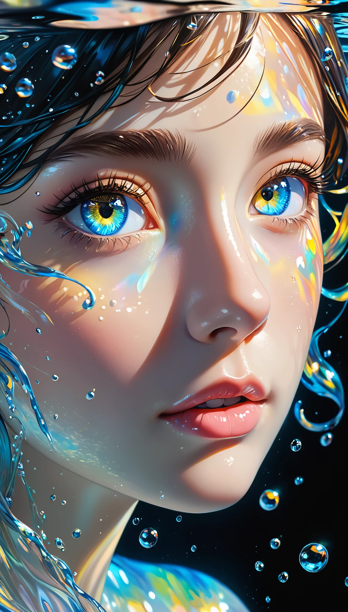 girl swims underwater,hyper detailed render style,glow,yellow,blue,brush,surreal oil painting,shiny eyes,head closeup,exaggerated perspective,tyndall effect,water drops,mother of pearl iridescence,holographic white,black background,