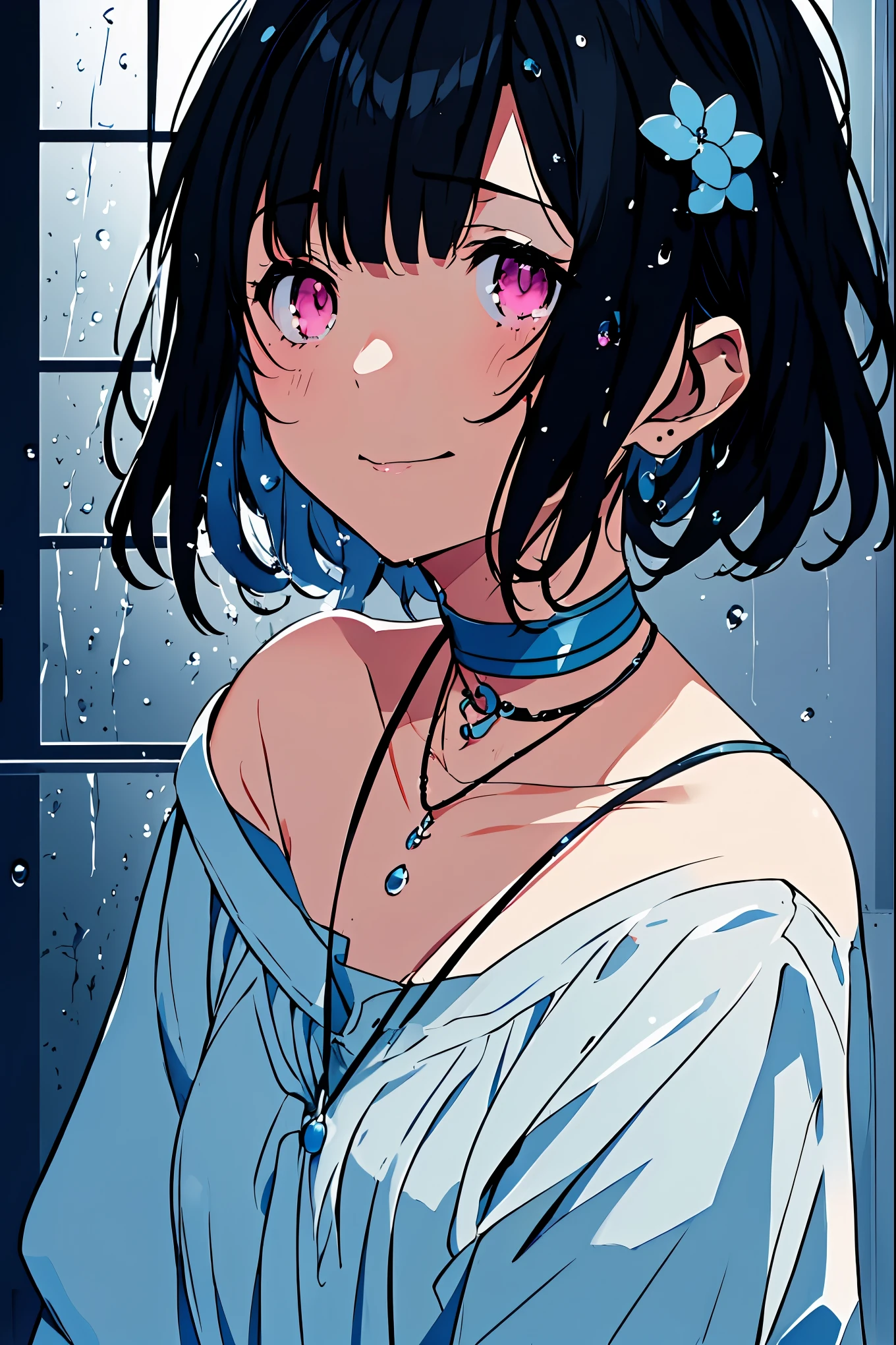 {{{{masterpiece}}}}, {{{Super detailed}}}, {{{high resolution}}},{{high resolution:1.3}}, {{good anatomy}}, (((best quality))), ((in school,indoor,blue theme,anime style,anime girl)),(((pink eyes,black hair streaked blue inside))),(big perfect eyes),((yandere,dark eyelash)),(((smart casual in pale blue color,collarbone, hair ornament, blueberry,dress, jewelry, choker,necklace,waterdrops,raindrops,dark atmosphere,night time))), hairclip, {8k cg wallpaper}, {{illustration,zoom in,focus on face,close-up shot, looking out a window}},((floating hair|blunt bangs|short hair|curly perm))smile,(1girl:1), bride,solo,alone,(Color difference:1.2),emotionless,blushing,neat face,(medium breasts),((The details are complex、Shallow depth of field、movie lighting、a Canon EOS R5、50mm lens、f / 2.8、shot at 8k resolution))