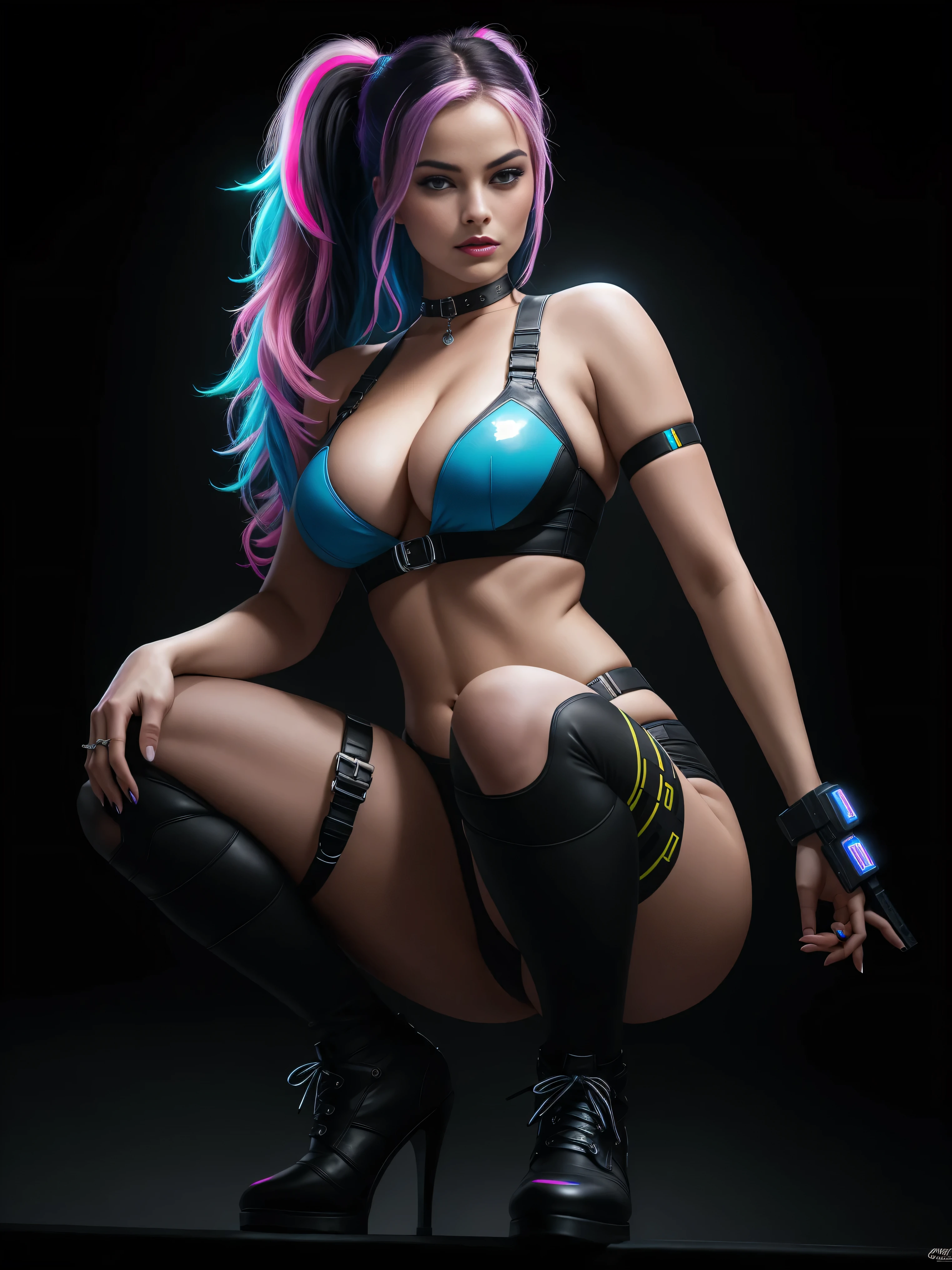 there is Margot Robbie squatting, royal blue and bright purple neon streaked hair, hair in pony tail, 3 d neon art of a womans body, neon-noir background, cyberpunk femme fatale, seductive cyberpunk dark fantasy, cyberpunk strip clubs, cyberpunk 20 y. o model girl, oppai cyberpunk, banner, high definition cgsociety, cgsociety masterpiece, trending on cgstation, kda, random hair, looking at camera, gigantic breasts, cleavage, (high detailed skin:1.2), 8k uhd, dslr, super lighting, high quality, film grain, high res, highly detailed, hyper realistic, beautiful face, beautiful body, beautiful eyes nose lips, alluring expression, very bold, upper visible, full body photo, standing legs apart, pale translucent glowing skin, most beautiful face, cute, (well defined pubic hair:1.2)), (dark plain black background:1.4))