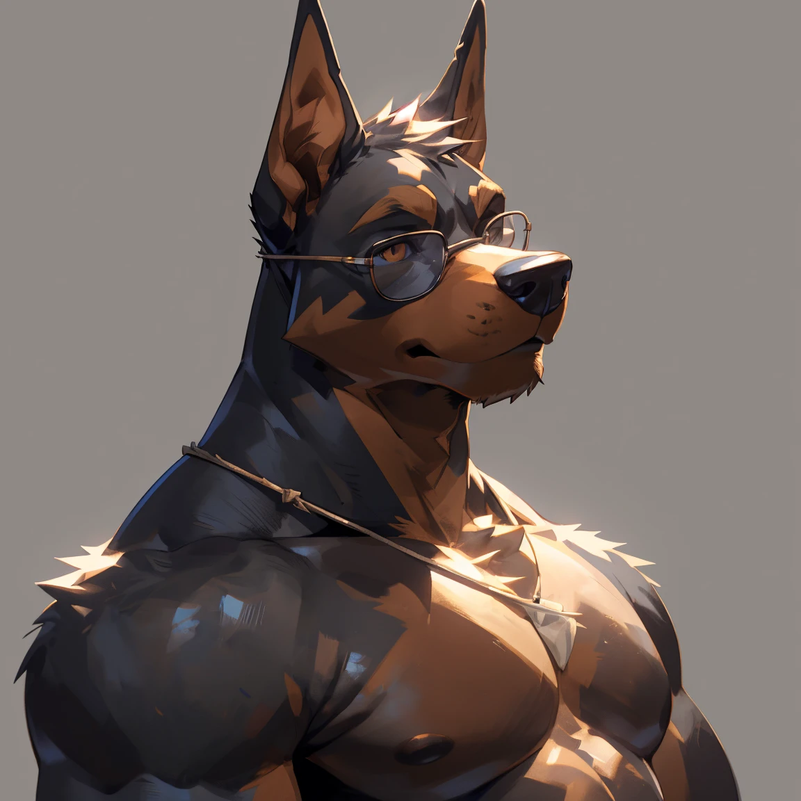 Solo, male, medium muscular, dobermann, dog, black dobermann, in white underwear, underwear, ((focus body, furry focus, shades focus, body shades)) (((gray background, gray wallpaper, one color))), by darkgem, by mystikfox61, by glitter trap boy