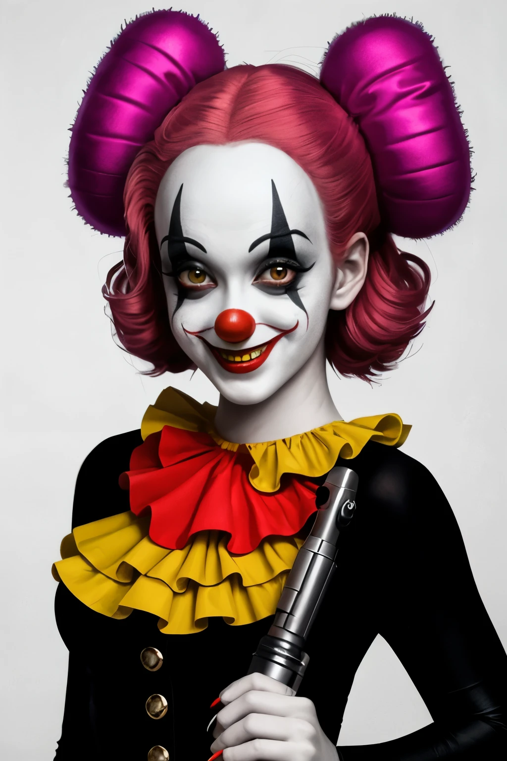 A creepy female clown with a ray-gun