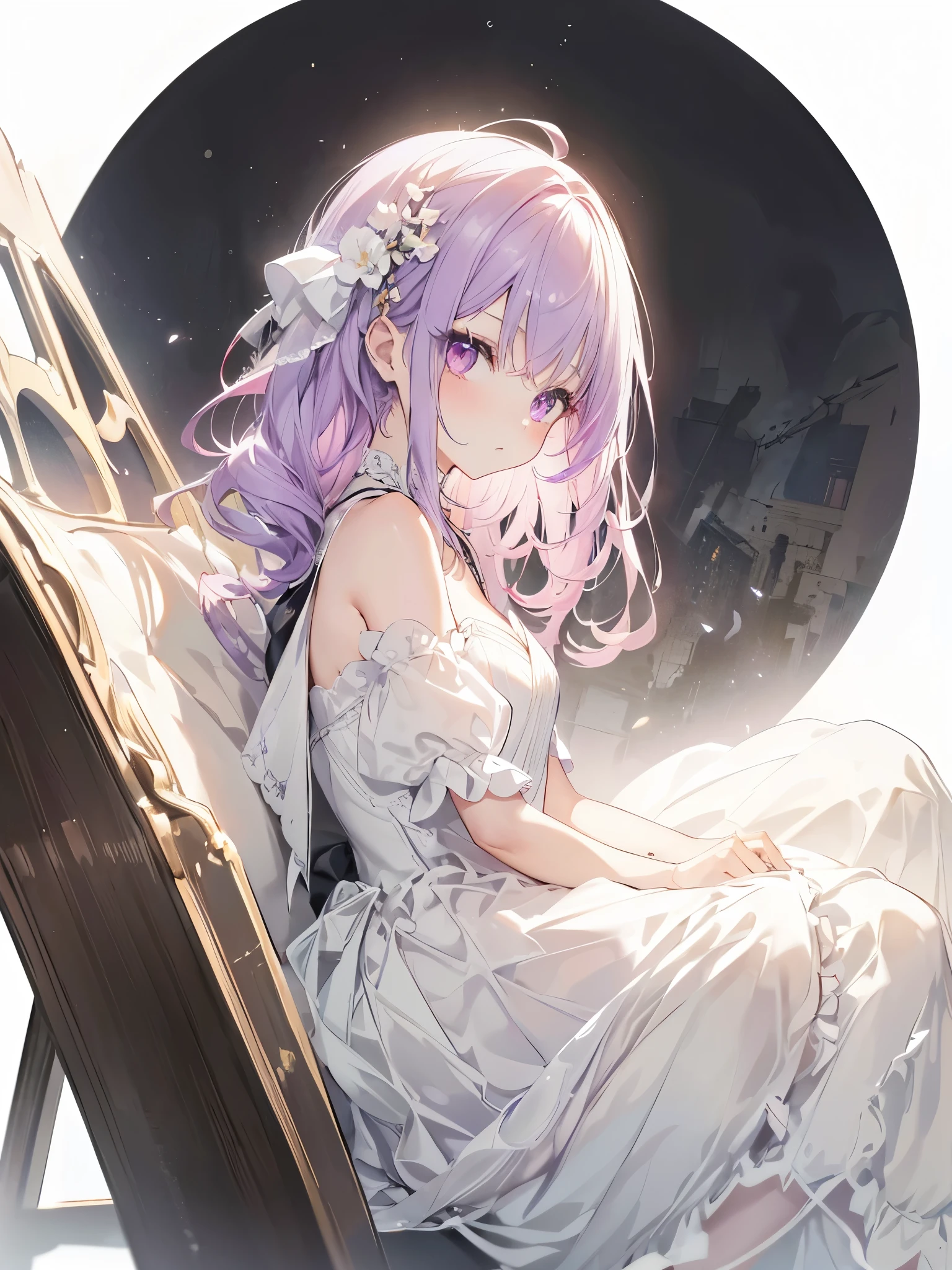 (Sketches),(eyelash:1.3),(Black background:1.2),View ViewerHigh Resolution, Cute One Girl, Beautiful and fine details, Long purple hair, Pale red eyes, Original Costume、Princess Dress, Glowing Skin, 前かがみSide Shotハイコントラストの女の子, Sitting, Side Shot, (null:1.3), (masterpiece, highest quality, perspective, Depth of written border:1.2)worries