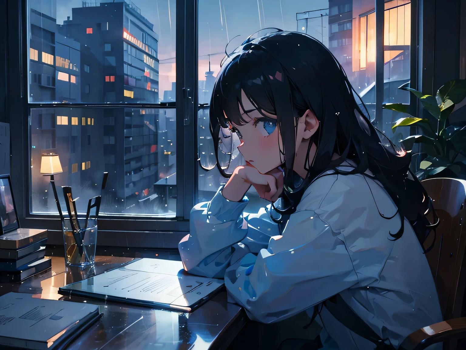 1 cool girl, studying, window, raining, desk, book, sideface, night view, detailed face, city view, long t-shirts, hight resolution, Water droplets on the window　