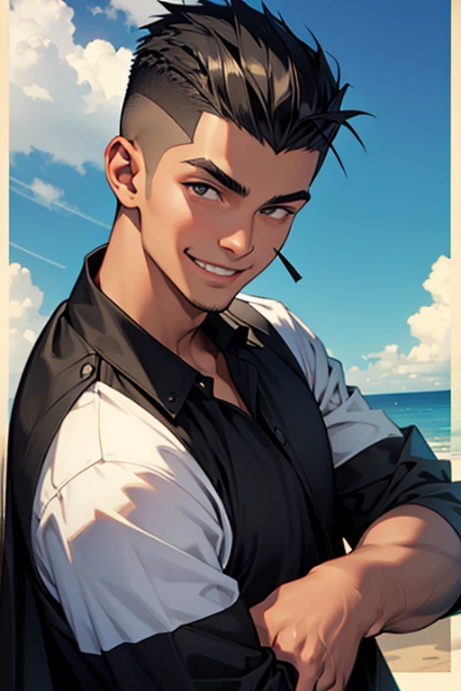 corpo interiro, de frente, negro, 20 anos, short hair on the sides of the head, sorrindo para foto