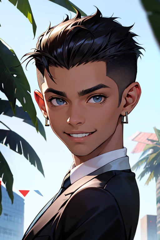 corpo interiro, de frente, negro, 20 anos, short hair on the sides of the head, sorrindo para foto