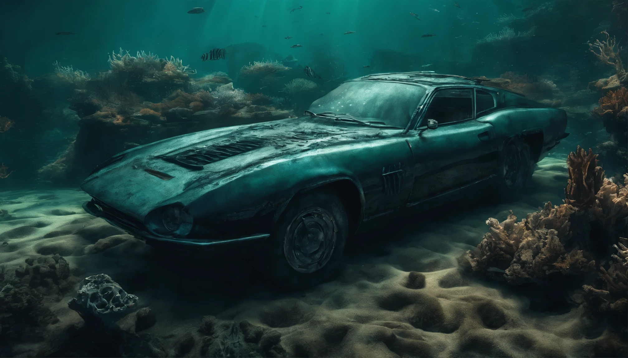 There's a sports car at the bottom of the ocean, surrounded by marine life. Light breaks through the water, creating mystical lighting. The car is partially covered with seaweed and coral, which emphasizes his prolonged stay under water. A variety of fish and other marine life swim around.
Details for creating a picture:
Main object:
sports car (Sports car).
Clean lines and modern car design, but with elements of corrosion and fouling by algae and corals.
ambient:
Ocean floor, covered with sand and stones.
Marine flora: algae, armed, sea grass.
Marine fauna: various types of fish, Maybe, small sharks, Jellyfish.
Lighting & Atmosphere:
Scattered light, penetrating through the water from above, creating soft light rays.
Shadows & Depth, giving the image realism.
Bluish and greenish shades, characteristic of the underwater environment.
Additional elements (Optional):
Shipwrecks or old chests in the distance to add ambience.
little air bubbles, rising from the car.
Style and mood:
Realistic style with high detail.
Mystical and slightly mysterious atmosphere.
Combination of modern and natural.
Technical specifications:
a high resolution.
Realistic stylization.
Detailed elements of the car and the underwater world.
Effective use of light and shadow to create depth and realism.