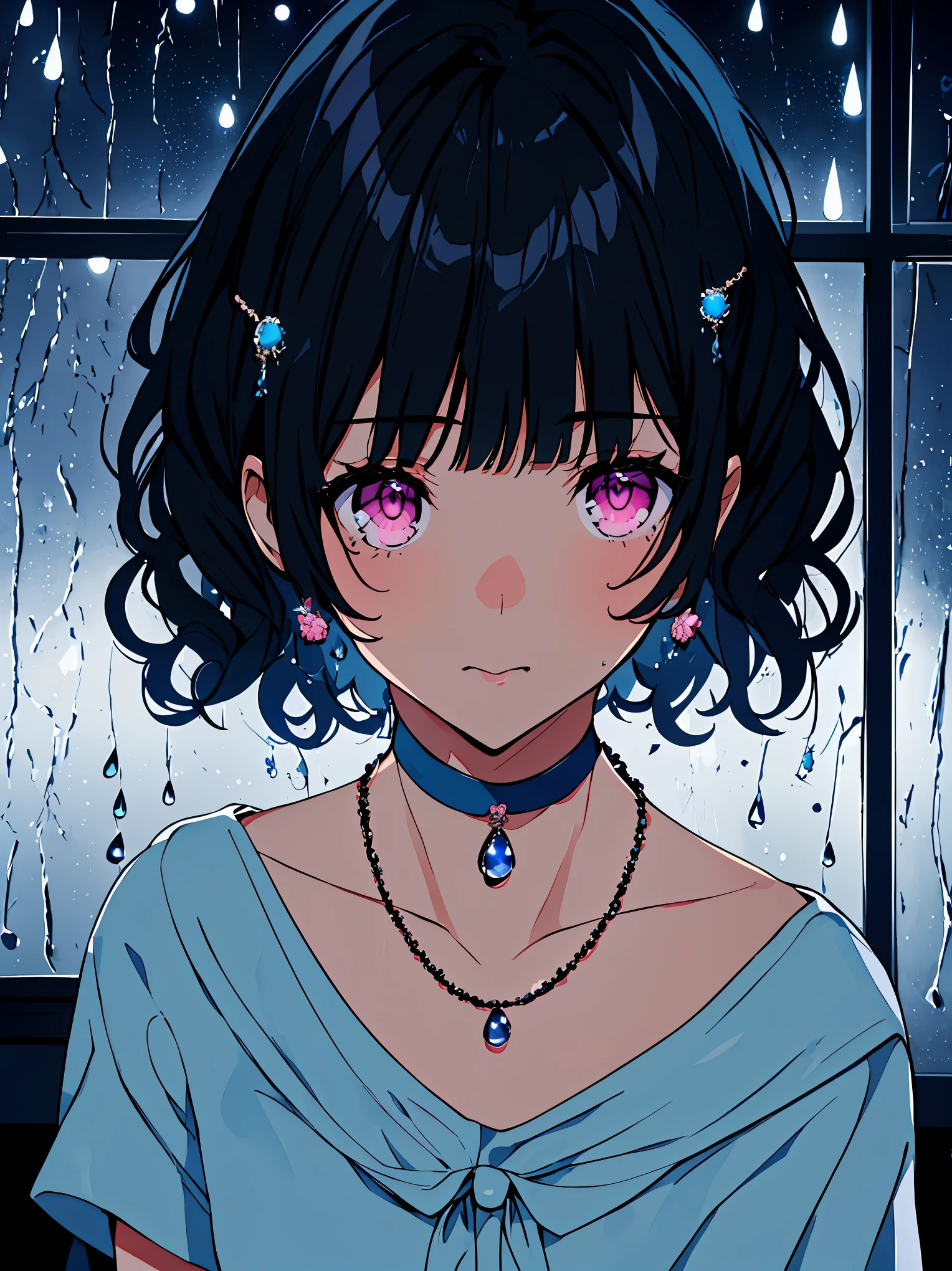 {{{{masterpiece}}}}, {{{Super detailed}}}, {{{high resolution}}},{{high resolution:1.3}}, {{good anatomy}}, (((best quality))), ((in school,indoor,blue theme,anime style,anime girl)),(((pink eyes,black hair streaked blue inside))),(big perfect eyes),((yandere,dark eyelash)),(((smart casual in pale blue color,collarbone, hair ornament, blueberry,dress, jewelry, choker,necklace,waterdrops,raindrop,dark atmosphere,night time))), hairclip, {8k cg wallpaper}, {{illustration,zoom in,focus on face,close-up shot, looking out a window}},((floating hair|blunt bangs|short hair|curly perm))smile,(1girl:1), bride,solo,alone,(Color difference:1.2),emotionless,blushing,neat face,(medium breasts),((The details are complex、Shallow depth of field、movie lighting、a Canon EOS R5、50mm lens、f / 2.8、shot at 8k resolution))