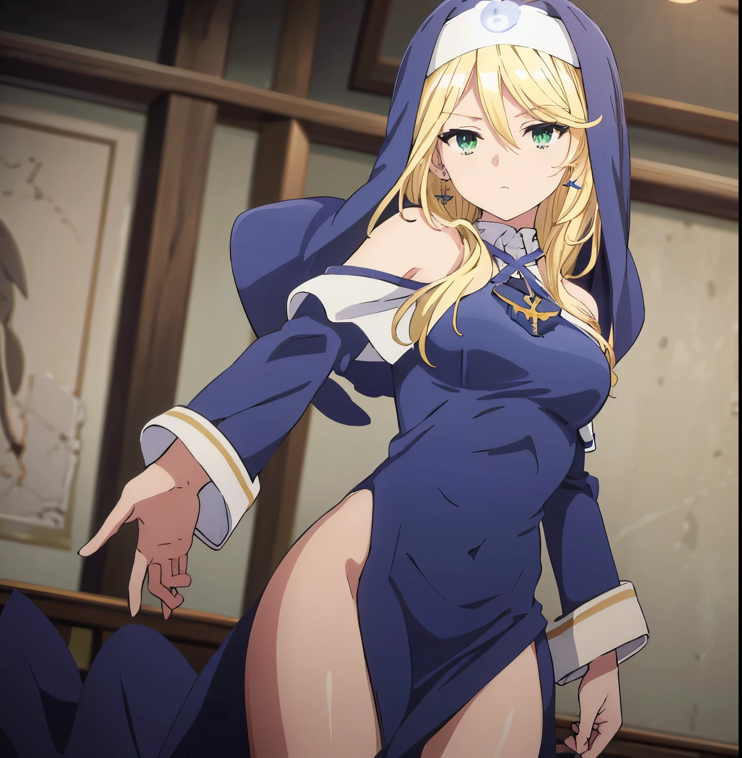 1 girl, alone, sharon Holygrail, nun's veil, blonde hair, long hair, green eyes, (blue apron:1.4), cleavage, (partially nude:1.4), bare back, bare shoulders, black pantyhose, cross necklace, choker, earrings, big breasts, medium waist, wide hips, medium thighs, round butt, looking at viewer, looking back, from behind, focus on ass, point of view from below, standing, church, indoors, sexy body, sexy posture, holding the right breast, perfect anatomy, perfect hands,