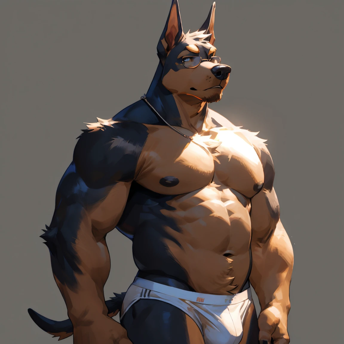 Solo, male, medium muscular, dobermann, dog, black dobermann, in white underwear, underwear, ((focus body, furry focus, shades focus, body shades)) nice body, standing, posing, model, light, shades, 4k, high quality (((gray background, gray wallpaper, one color))), by darkgem, by mystikfox61, by glitter trap boy