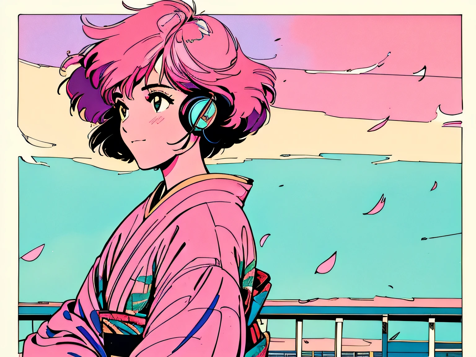 master piece, City Pop style, Pink Hair, fluffy bob cut, wearing headphones, shoulder length, alone, Futuristic, yet, lofi, retro, vintage, Ghost, light smile, cherry blossoms, (( side shot)), ((kimono)), (( looking away )),