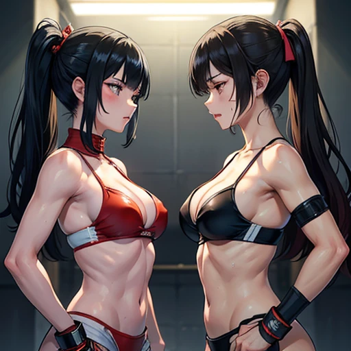 Wearing a Monikini。Two beautiful young Japanese female mixed martial artists fighting in the Octagon。Covered in blood。They make eye contact, glare at each other and punch each other.。Intense fistfights。Extremely sweaty。Black Hair。Erect nipples。