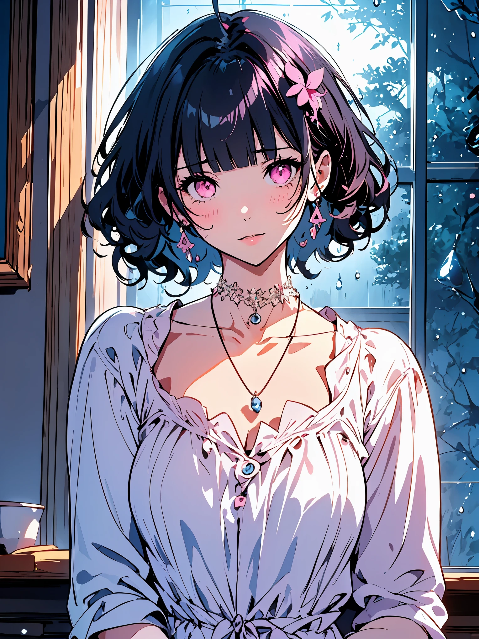 {{{{masterpiece}}}}, {{{Super detailed}}}, {{{high resolution}}},{{high resolution:1.3}}, {{good anatomy}}, (((best quality))), ((in school,indoor,blue theme,anime style,anime girl)),(((pink eyes,black hair streaked blue inside))),(big perfect eyes),((yandere,dark eyelash)),(((smart casual in pale blue color,collarbone, hair ornament, blueberry,dress, jewelry, choker,necklace,waterdrops,raindrop,dark atmosphere,night time))), hairclip, {8k cg wallpaper}, {{illustration,zoom in,focus on face,close-up shot, looking out a window}},((floating hair|blunt bangs|short hair|curly perm))smile,(1girl:1), bride,solo,alone,(Color difference:1.2),emotionless,blushing,neat face,(medium breasts),((The details are complex、Shallow depth of field、movie lighting、a Canon EOS R5、50mm lens、f / 2.8、shot at 8k resolution))