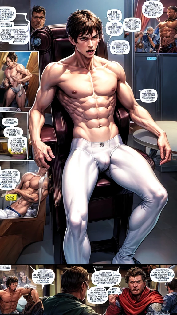 a very skinny white boy with short hair, his body is thin and he is only wearing white underwear he is sitting on a throne with an angry face western comic panels