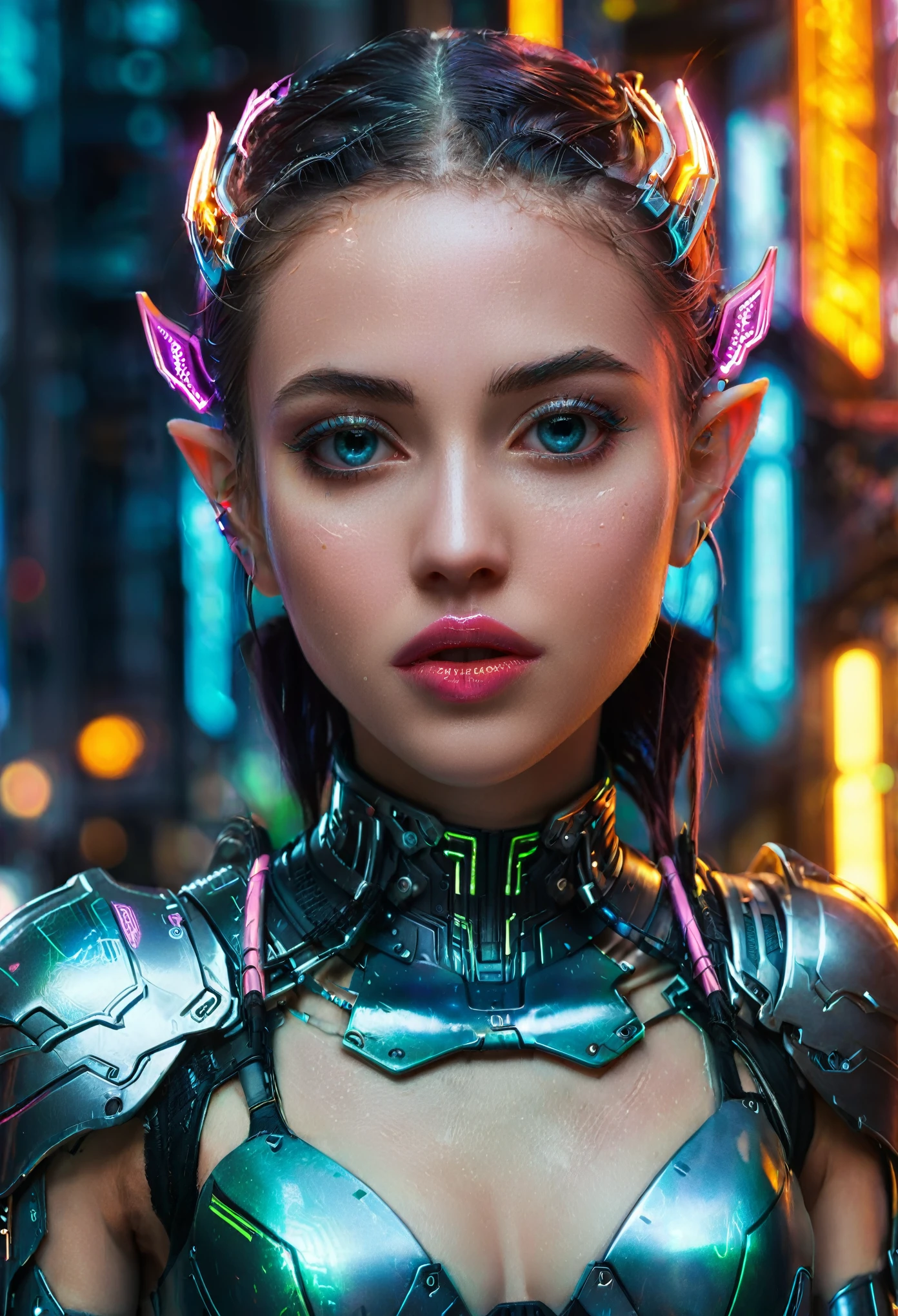 cyberpunk, cyberpunk style, cyberpunk elf,((full body shot)), highly detailed, 1girl, beautiful detailed eyes, beautiful detailed lips, extremely detailed face and features, (elf ears), intricate cyberpunk armor, glowing neon lights, advanced technology, futuristic cityscape, dramatic lighting, cinematic composition, vibrant colors, neon, glowing, hyper-detailed, photorealistic,