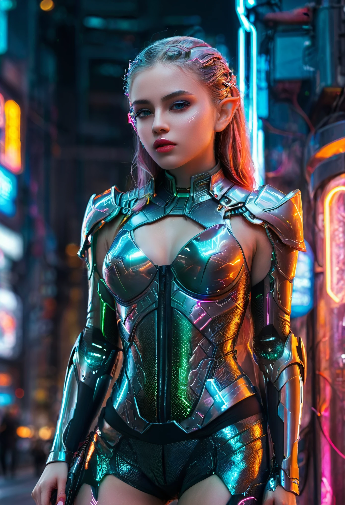 cyberpunk elf,((full body shot)), highly detailed, 1girl, beautiful detailed eyes, beautiful detailed lips, extremely detailed face and features, intricate cyberpunk armor, glowing neon lights, advanced technology, futuristic cityscape, dramatic lighting, cinematic composition, vibrant colors, neon, glowing, hyper-detailed, photorealistic,