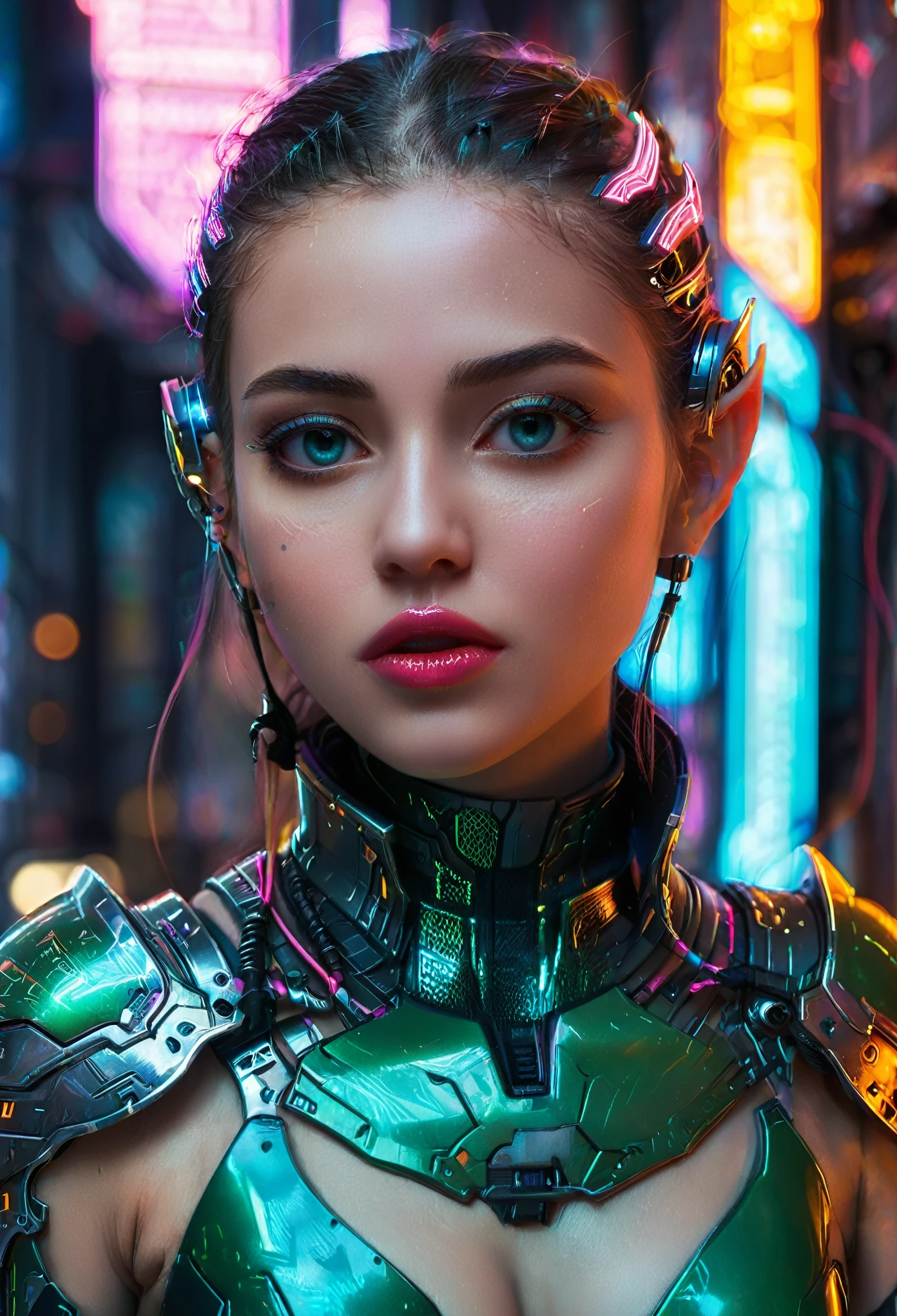 cyberpunk elf,highly detailed, 1girl, beautiful detailed eyes, beautiful detailed lips, extremely detailed face and features, intricate cyberpunk armor, glowing neon lights, advanced technology, futuristic cityscape, dramatic lighting, cinematic composition, vibrant colors, neon, glowing, hyper-detailed, photorealistic, full body shot