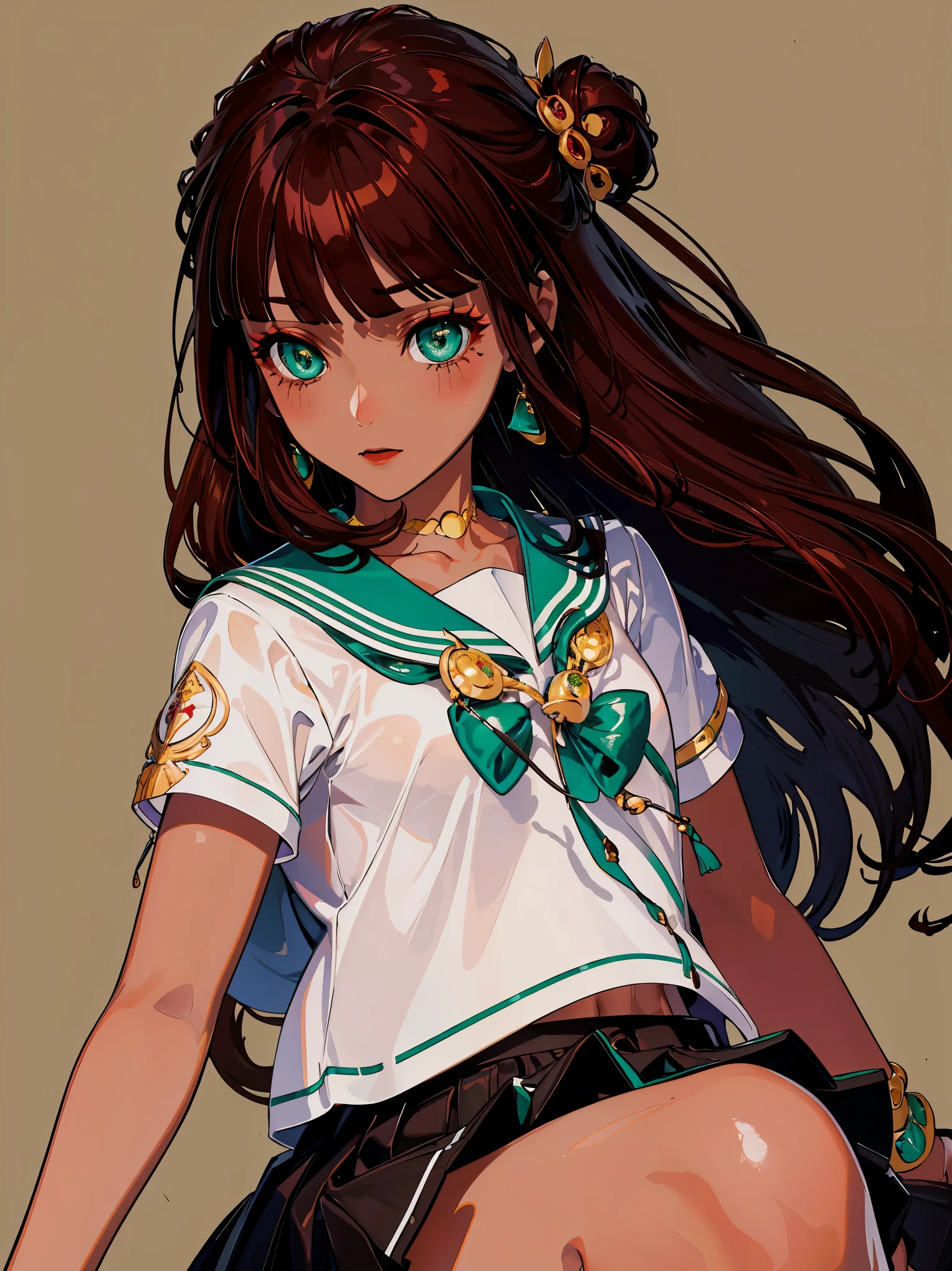 {{{{masterpiece}}}}, {{{Super detailed}}}, {{{high resolution}}}, {{good anatomy}}, (((best quality))),((emerald eyes,brown hair)),{{Extremely detailed and refined}}, {4k CG wallpaper}, {{illustration}}, ((dark skin,african lady,dark brown skin)),(((face portrait,detailed face,bigger eyeballs,bust))),(updo|long hair|Detailed hair|blunt bangs|shiny hair),(((serafuku,sailor shirt,skirts))),{underboob},{{{emotionless face,mature}}},(lesbian,JK,1 woman:1),(Color difference:1.2),(small breasts),(simple background)