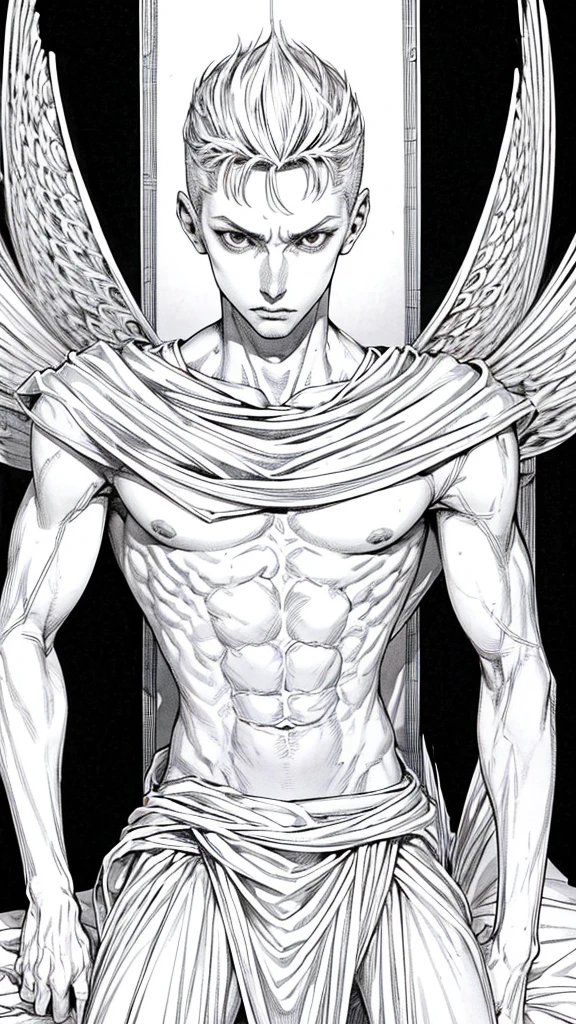 a very skinny white boy with short hair, his body is thin and he is only wearing white underwear he is sitting on a throne with an angry face mannga line art