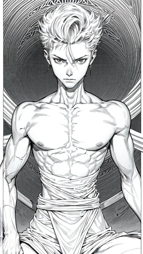 a very skinny white boy with short hair, his body is thin and he is only wearing white underwear he is sitting on a throne with an angry face mannga line art