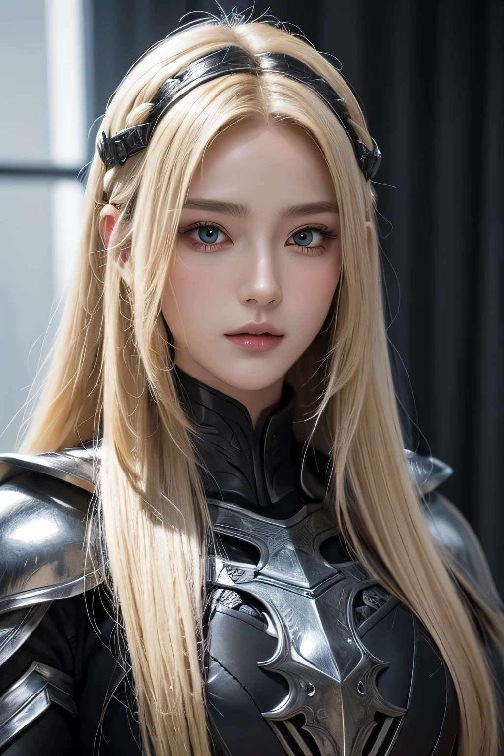 Knight, black and silver intricate armor, black as the base, lots of detail, anime style, blonde hair,, facial scar, very large sword, lean figure, modest armor. Realistic armor. Close up, female, long blonde hair, side part