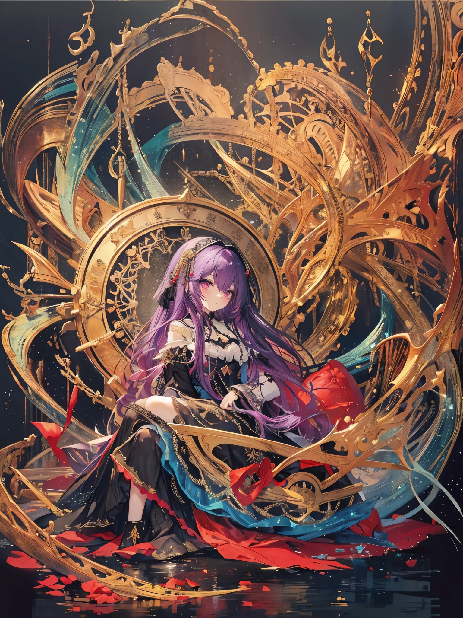 (Sketches),(eyelash:1.3),(Black background:1.2),View ViewerHigh Resolution, Cute One Girl, Beautiful and fine details, Long purple hair, Pale red eyes, Original Costume、Princess Dress, Glowing Skin, 前かがみSide Shotハイコントラストの女の子, Sitting, Side Shot, (null:1.3), (masterpiece, highest quality, perspective, Depth of written border:1.2)