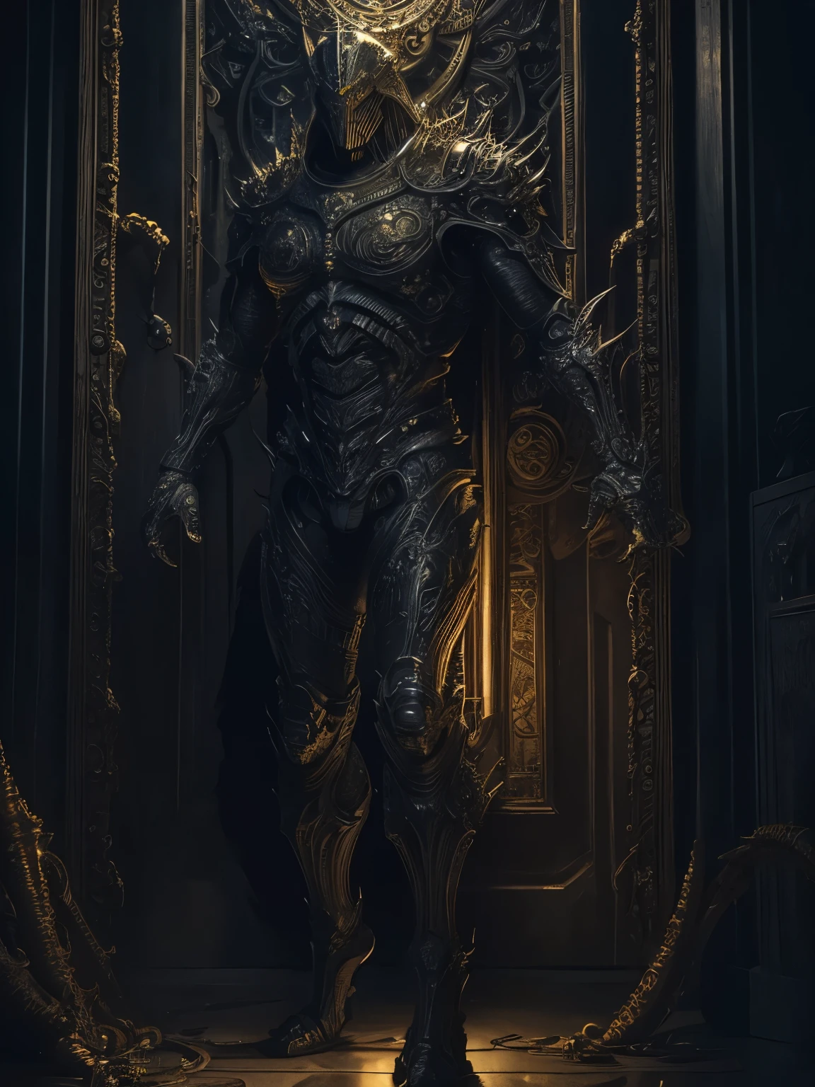 android monster made of old gold, drawing from H.R. Giger, dry brush, Masterpiece realistic, best high quality, perfect details, intricate details, nice lighting, Masterpiece realistic, best high quality, perfect details, intricate details, nice lighting, detailed background,