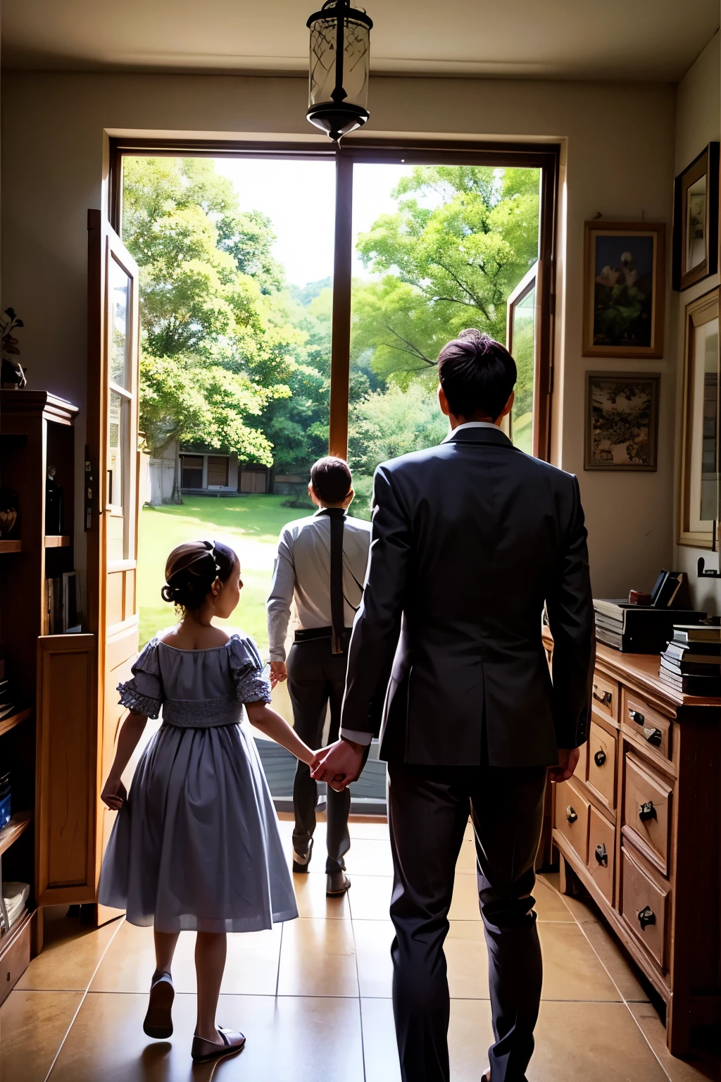 Uma casa simples em uma vila na floresta. A man with three children: two older brothers who look strong and well dressed, e o mais novo, Zé Palermo, who is dressed simply and has a sad expression, being mistreated by brothers. They are all adults. The scene has the aesthetics of fairy tales

