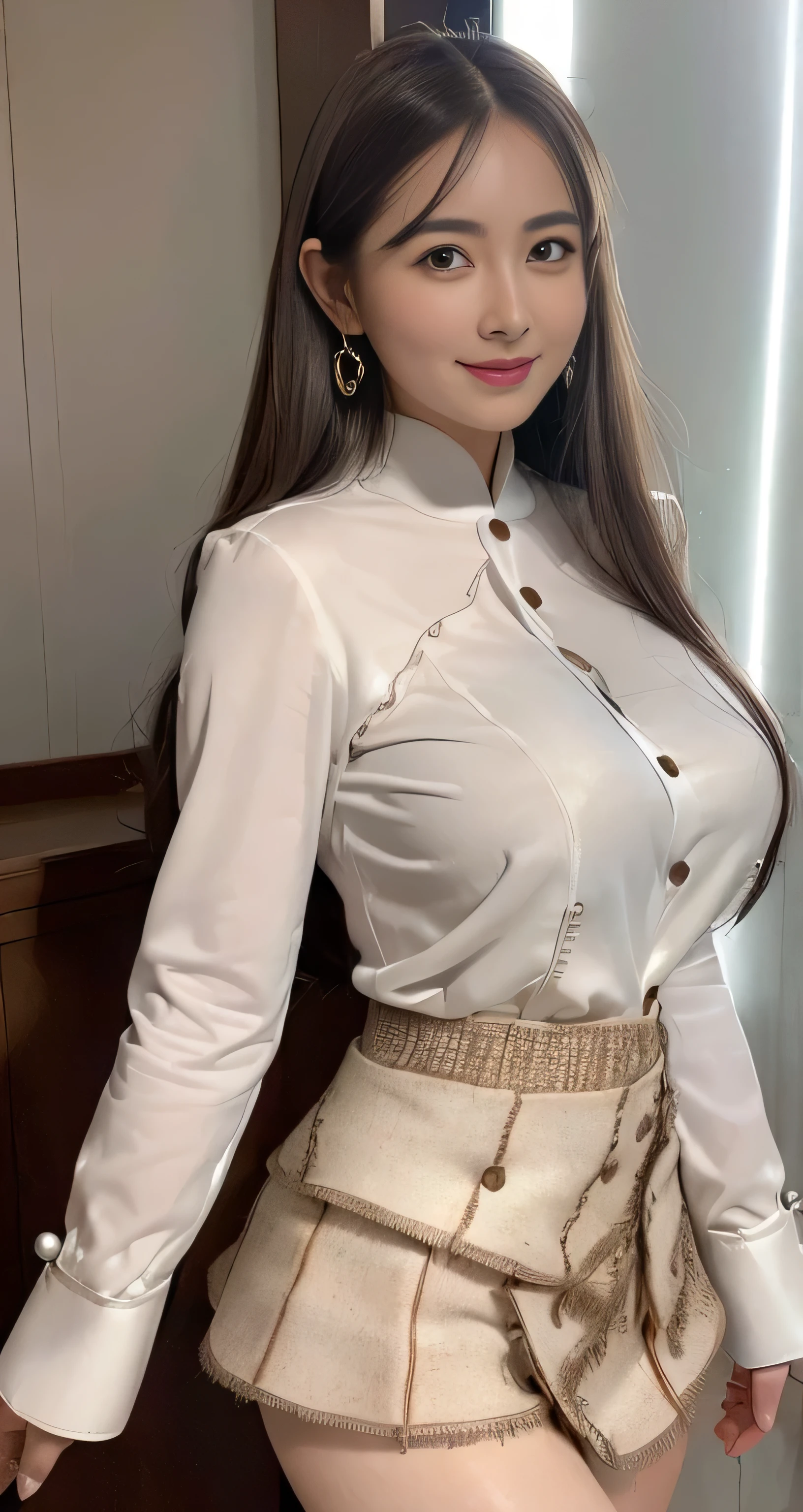 Marian Rivera, ((Wearing a floral light purple closed long ao dai )), feet, Captivating smile, Closed clothes, Proper attire, The face of beauty , The body is slim , Abdominal muscles:1.4, 30 years old, ((1 girl, alone)), ((whole body)), ((Huge breasts:1.3)), Breastfeeding A. to, (hair, RAW Photos, highest quality, Masterpiece l1.4), (Realistic, photo-Realistic:1.37), (micro:1.4), Expose , ((diamond nechairlace)), Earrings, glamorous, white shairin, ((At Luxury Hall), loohair at viewers, Wavy brunette hair, Long Hair, (Lighting), Dynamic pose, (), ((Beautiful Eyes), erotic, High resolution, Very detailed, Ambient Occlusion, nature, Harmonious composition, Artistic photography, beauty , Excellent anatomy, Expose detail､((White long sleeve buttoned blouse_Brown tweed mini skirt:1.3)),((A shy smile:1.3)),