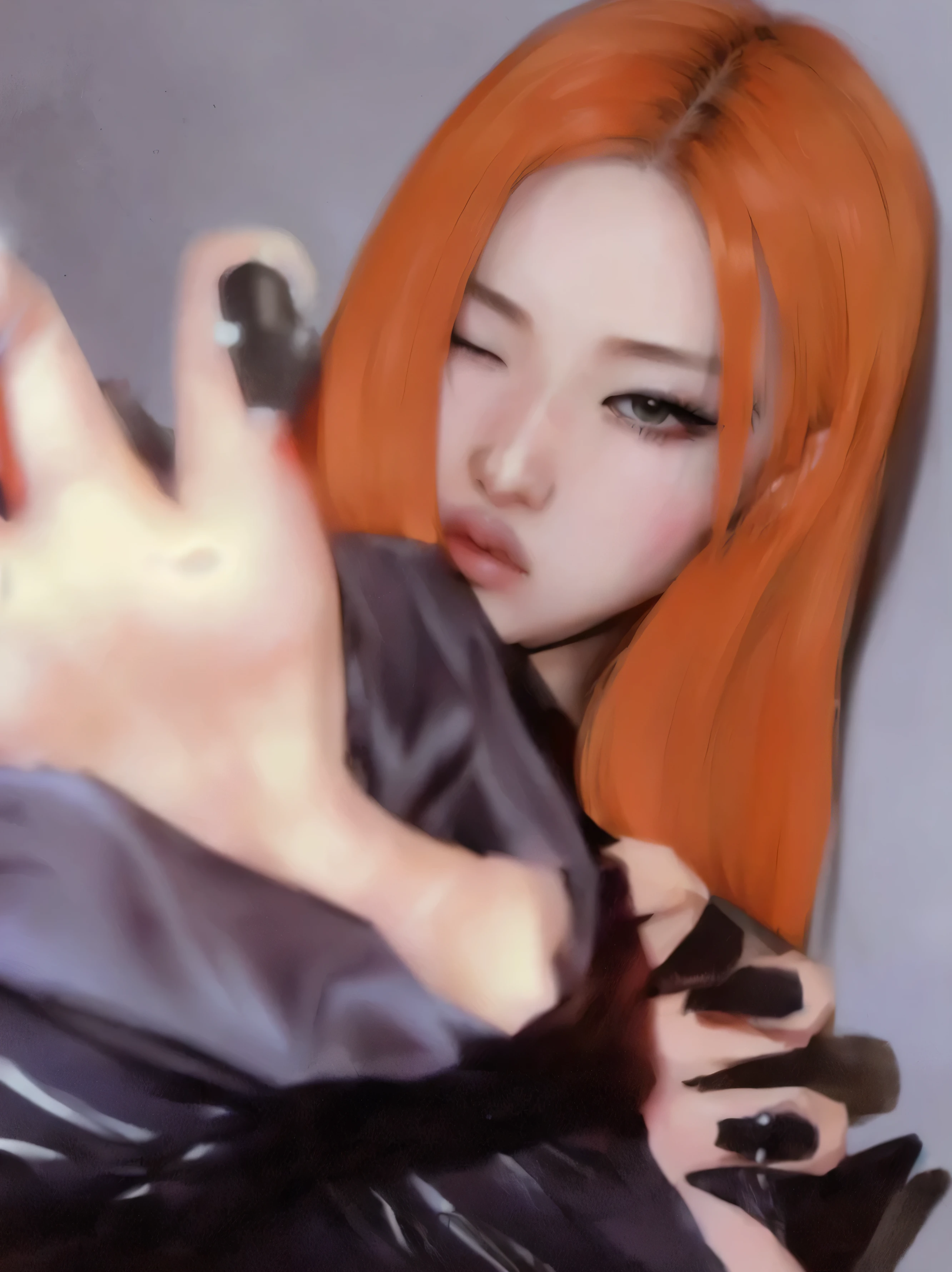 hay una mujer con cabello naranja sosteniendo un celular, portrait of jossi de blackpink, retrato de jisoo rosa negro, artwork in the style of Guweiz, Fotorrealista!!!!!!! Estilo de Arte, Fotorrealista anime, jisoo de blackpink, Guweiz, jossi de blackpink, estilo anime realista 3d, cruel korean gothic girl, realistic art style, anime hiperrealista