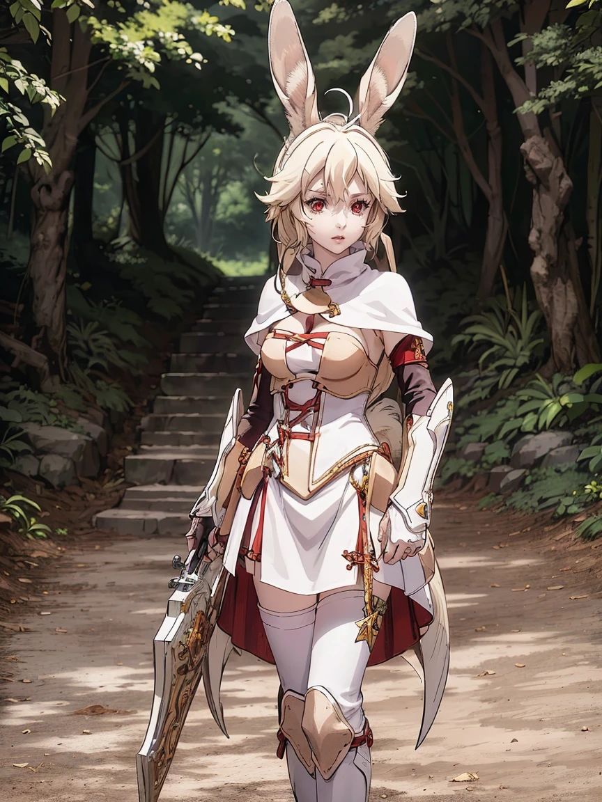 a rabbit girl walking in a dark cavern, (rabbit girl)(best quality,high resolution, masterpiece:1.2), female focus, (one girl:1.5), (free hands), beautiful eyes, (white hair:1), detailed eyes, (rabbit ears), (red eyes:1.2), white cloak, scared, fleshy lips, hair ornament, leather armor, Clothes made of tanned leather, detached sleeves, wrist guard, white thighhighs, shin guards, perfect quality, good quality, masterpiece, (arms crossed1.2), looking at the viewer, Prepare-se para mergulhar em um mundo onde a beleza e o artesanato se fundem perfeitamente, anatomically correct. ultra nitidez