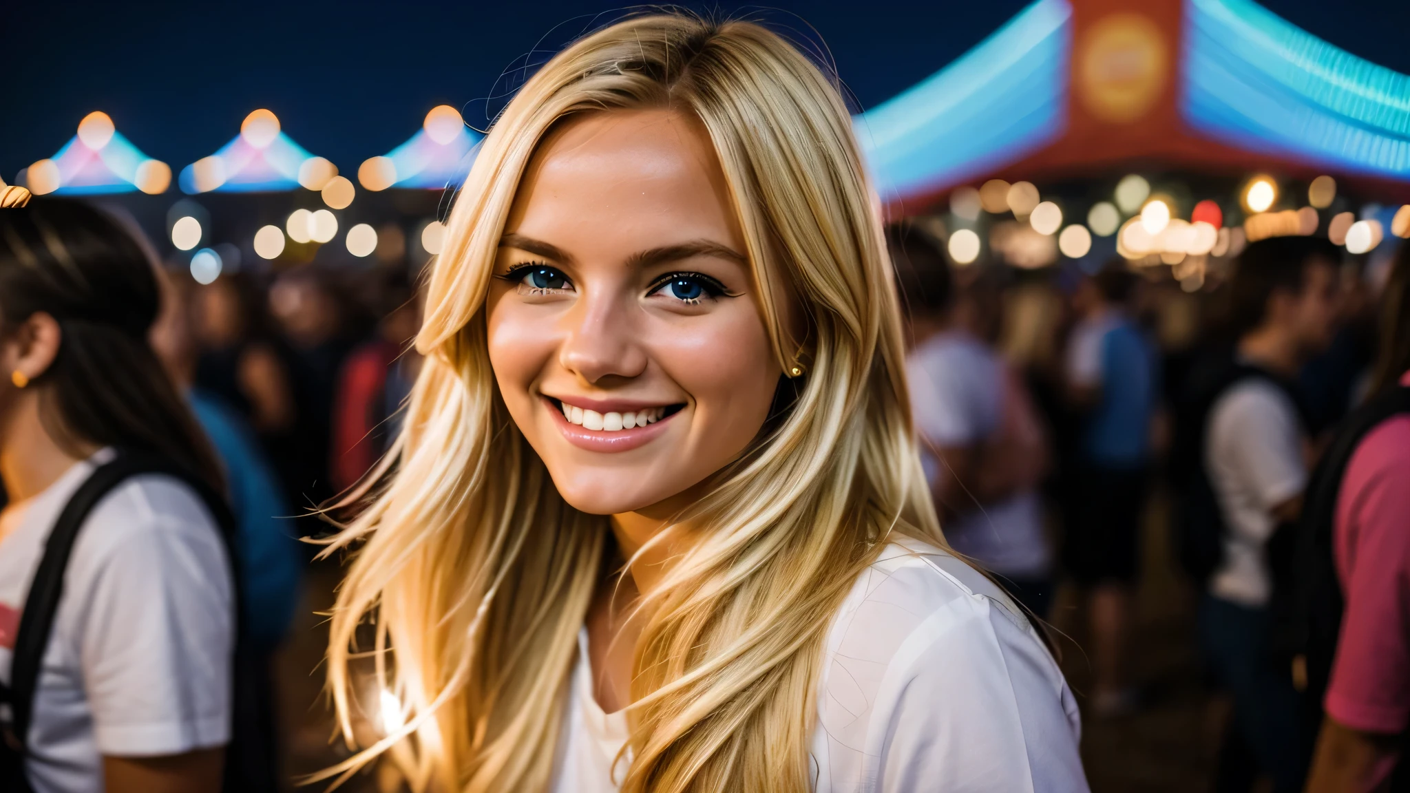 one blond girl smiling on a festival at night with beautiful lights