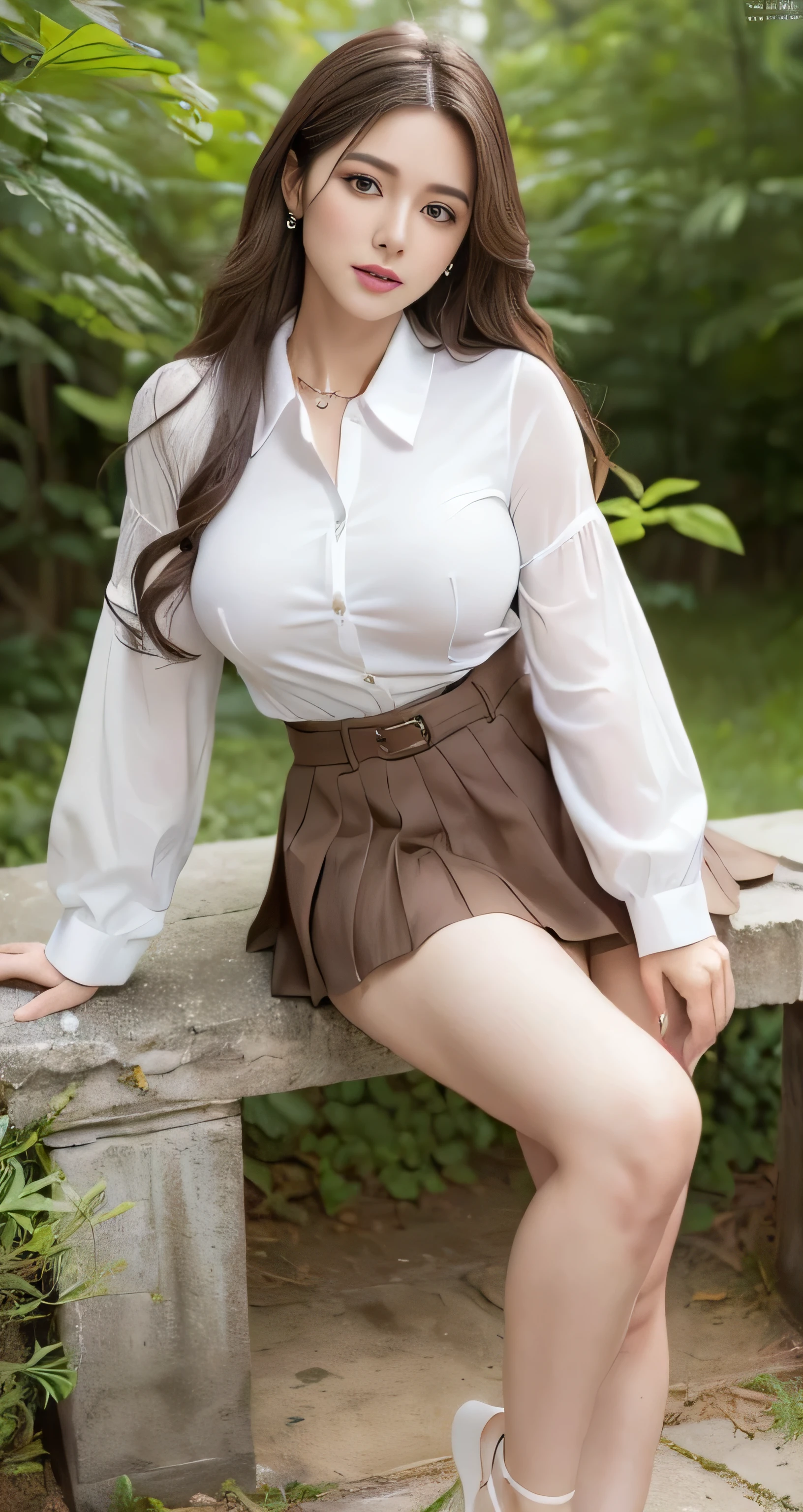 Marian Rivera, feet, Captivating smile, Closed clothes, Proper attire, The face of beauty , The body is slim , Abdominal muscles:1.4, 30 years old, ((1 girl, alone)), ((whole body)), ((Medium chest:1.3)), Breastfeeding A. to, (hair, RAW Photos, highest quality, Masterpiece l1.4), (Realistic, photo-Realistic:1.37), (micro:1.4), Expose , ((diamond nechairlace)), Earrings, glamorous, white shairin, ((At Luxury Hall), loohair at viewers, Wavy brunette hair, Long Hair, (Lighting), Dynamic pose, (), ((Beautiful Eyes), erotic, High resolution, Very detailed, Ambient Occlusion, nature, Harmonious composition, Artistic photography, beauty , Excellent anatomy, Expose detail、White long sleeve button up blouse_With collar_Remove up to the second button_Brown pleated mini skirt、Long straight hair_Hair reaching down to the waist、
