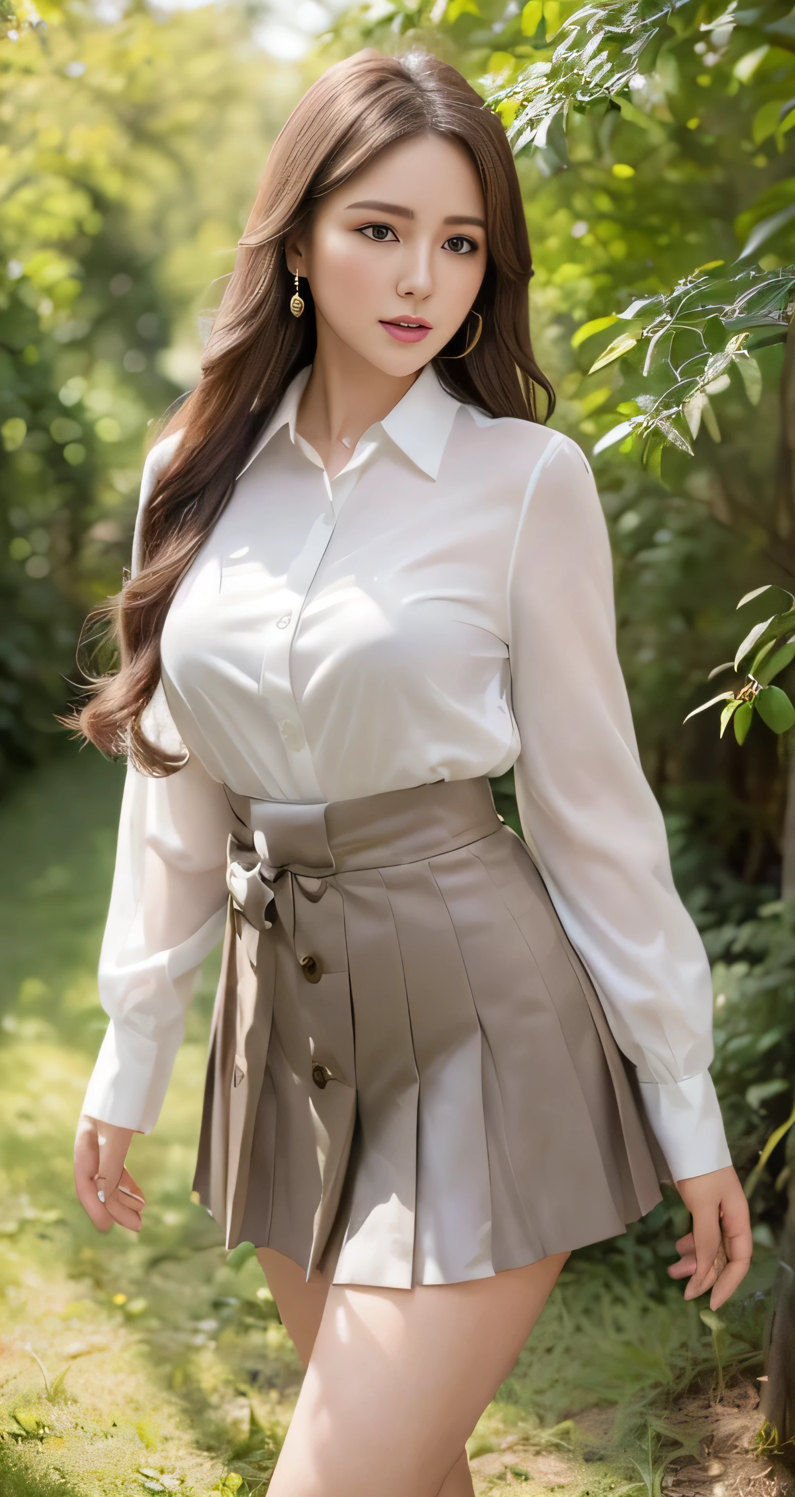 Marian Rivera, feet, Captivating smile, Closed clothes, Proper attire, The face of beauty , The body is slim , Abdominal muscles:1.4, 30 years old, ((1 girl, alone)), ((whole body)), ((Medium chest:1.3)), Breastfeeding A. to, (hair, RAW Photos, highest quality, Masterpiece l1.4), (Realistic, photo-Realistic:1.37), (micro:1.4), Expose , ((diamond nechairlace)), Earrings, glamorous, white shairin, ((At Luxury Hall), loohair at viewers, Wavy brunette hair, Long Hair, (Lighting), Dynamic pose, (), ((Beautiful Eyes), erotic, High resolution, Very detailed, Ambient Occlusion, nature, Harmonious composition, Artistic photography, beauty , Excellent anatomy, Expose detail、White long sleeve button up blouse_With collar_Remove up to the second button_Brown pleated mini skirt、Long straight hair_Hair reaching down to the waist、Laugh with your mouth open