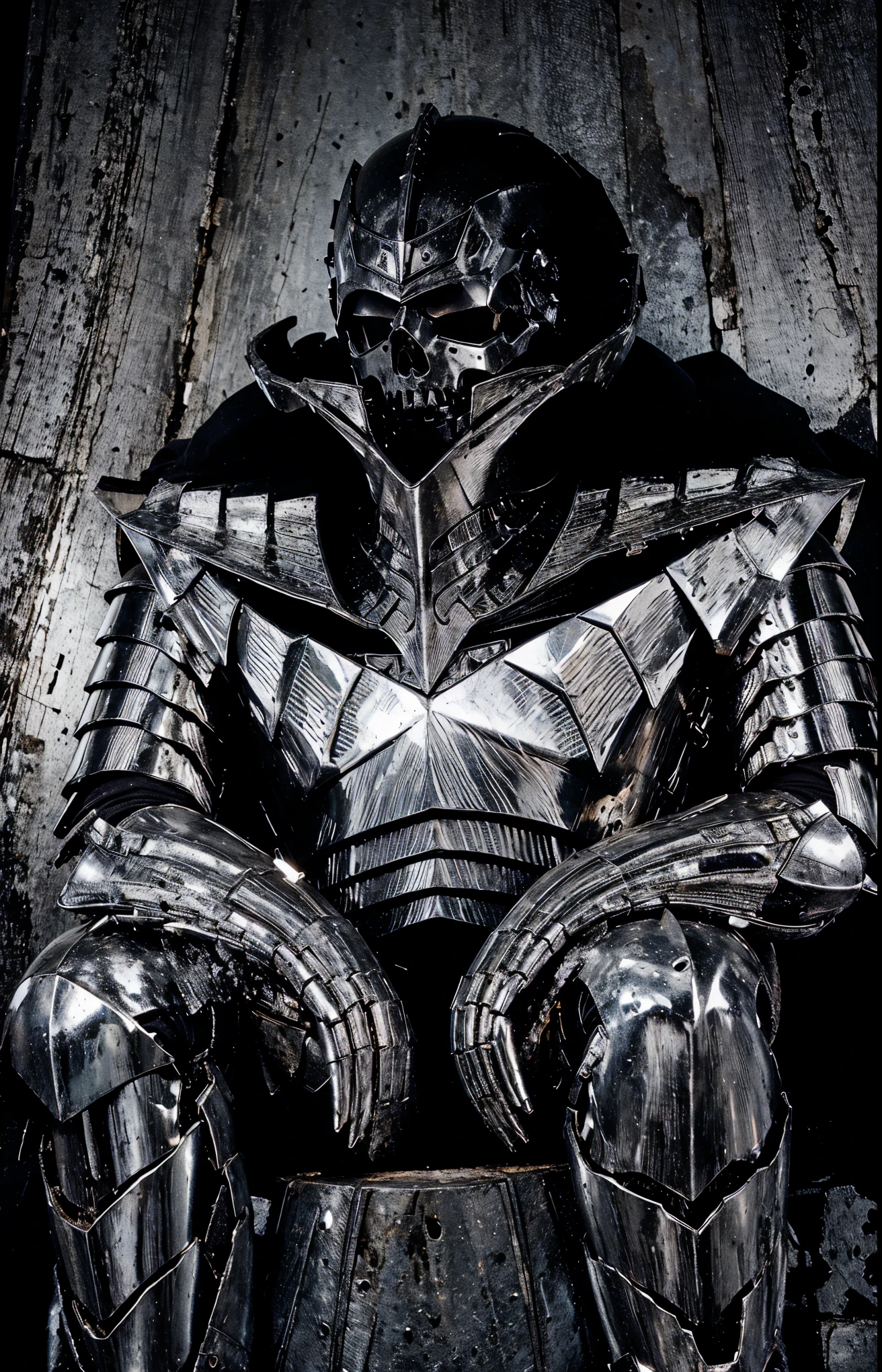black armor , A man sits, his helmet looks like a skull, the black armor consists of layers of metal on top of each other