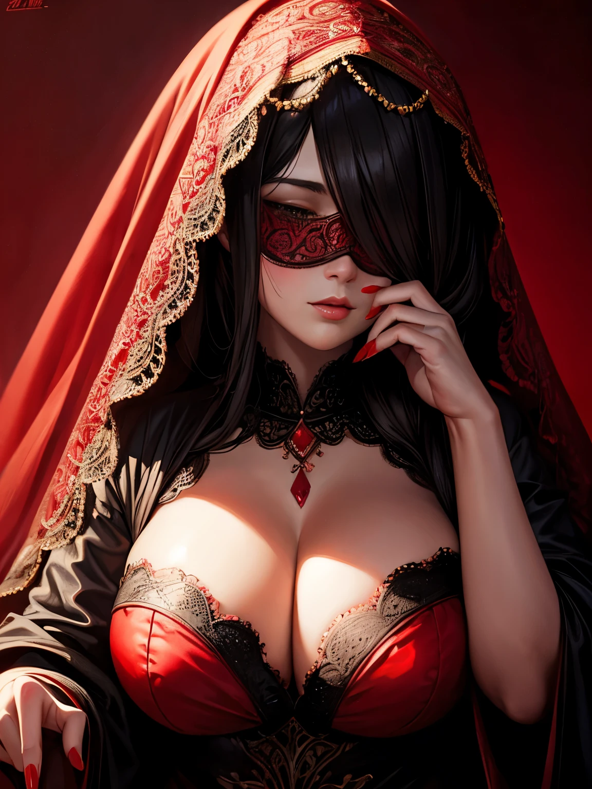 a chubby elegant woman in a red veil covering her eyes, fingers on her lips, long red nails, black background, photo-realistic, high quality, intricate details, oil painting, dramatic lighting, muted colors, mysterious atmosphere