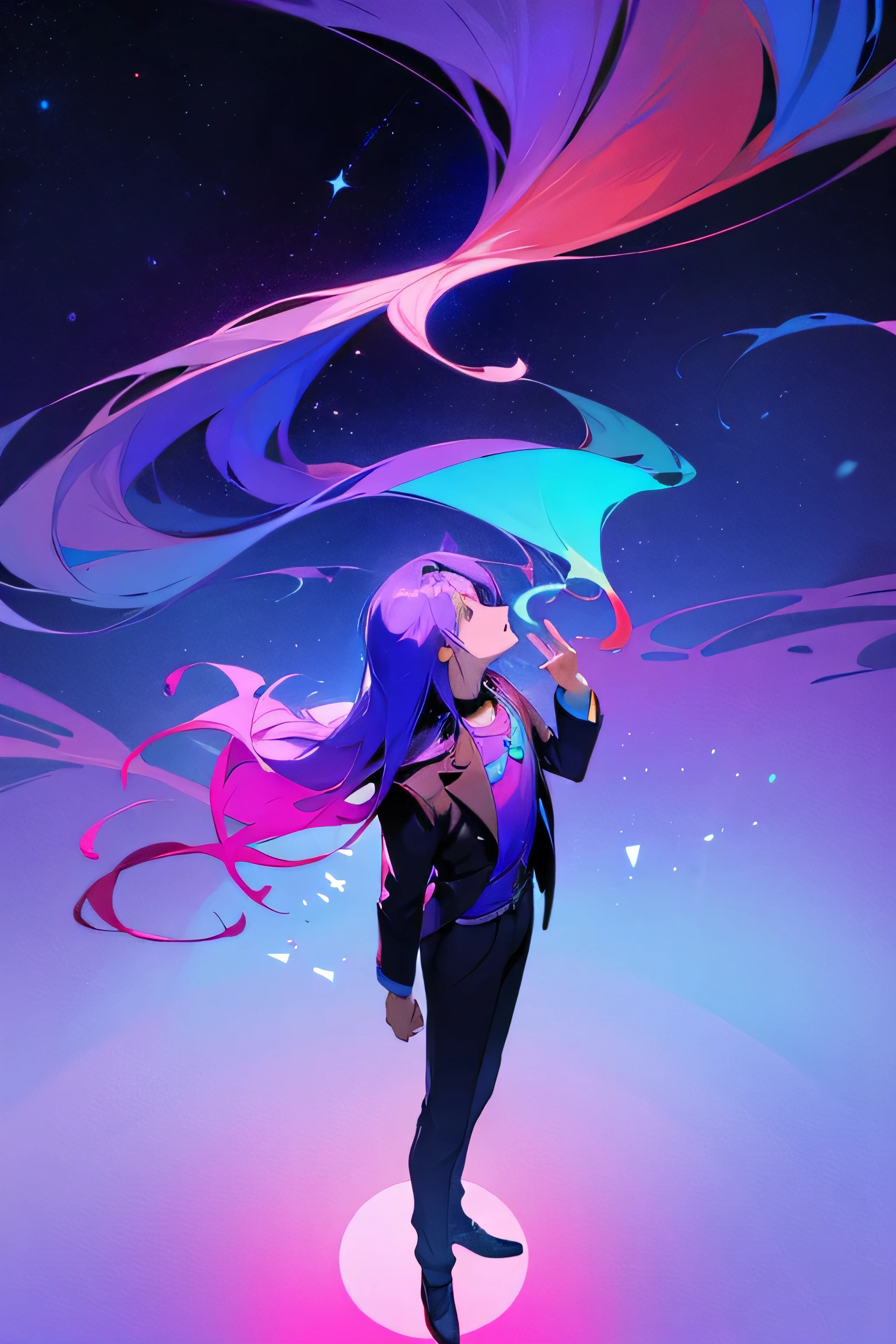 Um homem com os seus cabelo curto voando. The man is standing looking up. The colors blue and purple making a gradient