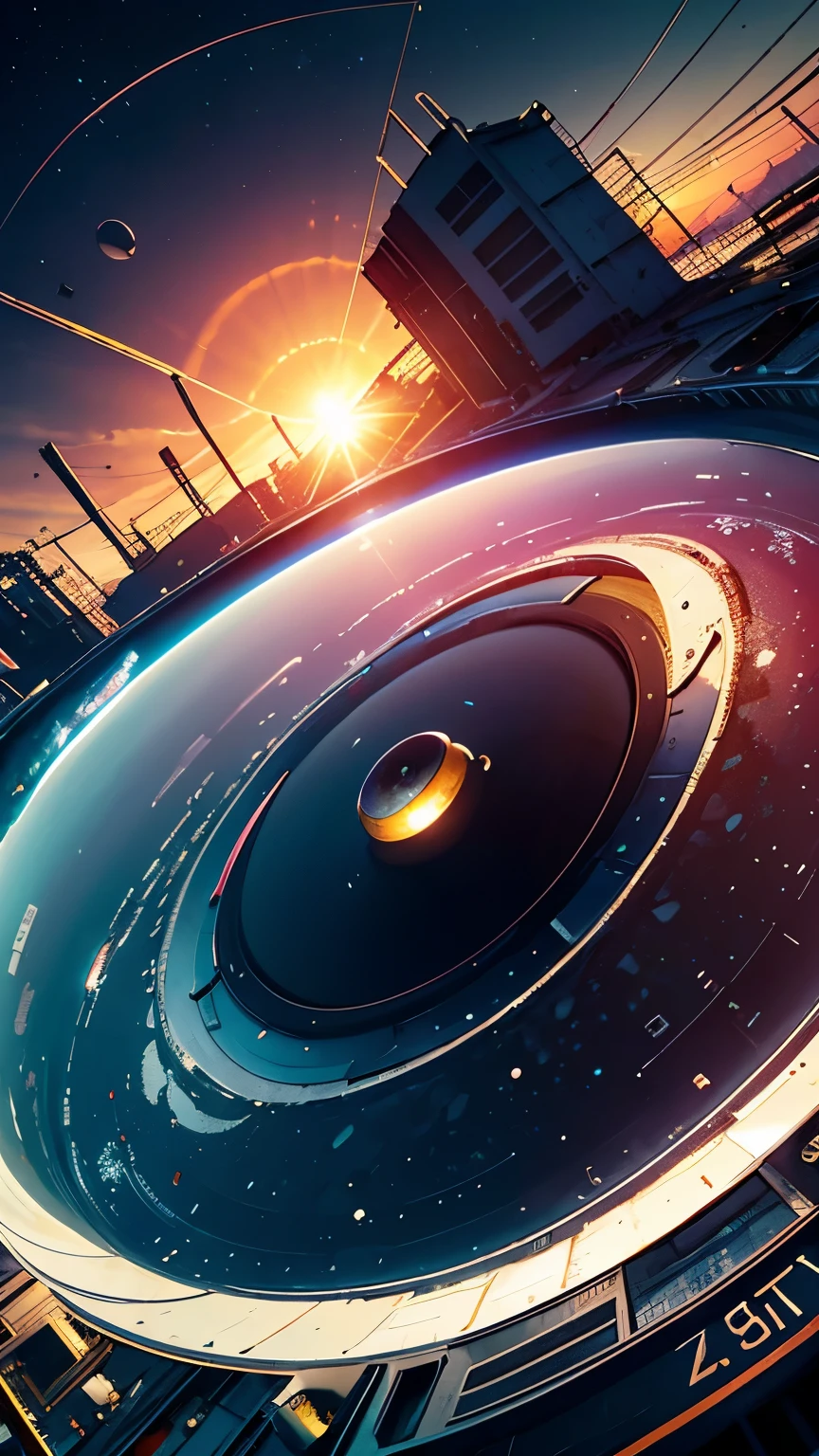 (Fish-eye),Icon, Logo, Very Wide White Background, Extreme Quality, Masterpiece, 8k, Depth of Field, Complex Detail, (No People), Very Large Margin, Lots of Text, Corporate Logo, Space, Emblem, Movie Poster-Like, Fisheye, (Abandoned Factory), (Lots of Wires), Spacecraft, Moon, Sun Flare, (sunset), snow