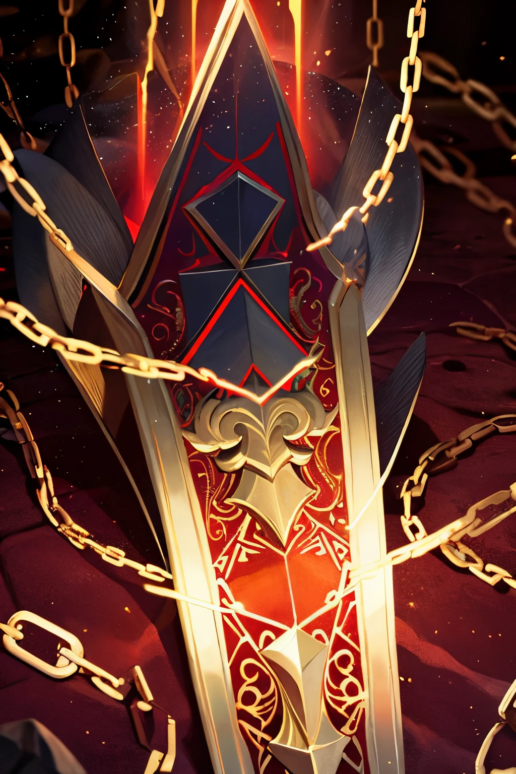 *The right hand is covered with a magical seal, red in color, glows when activated, and releases many divine golden chains with ancient runes belonging to Gilgamesh*